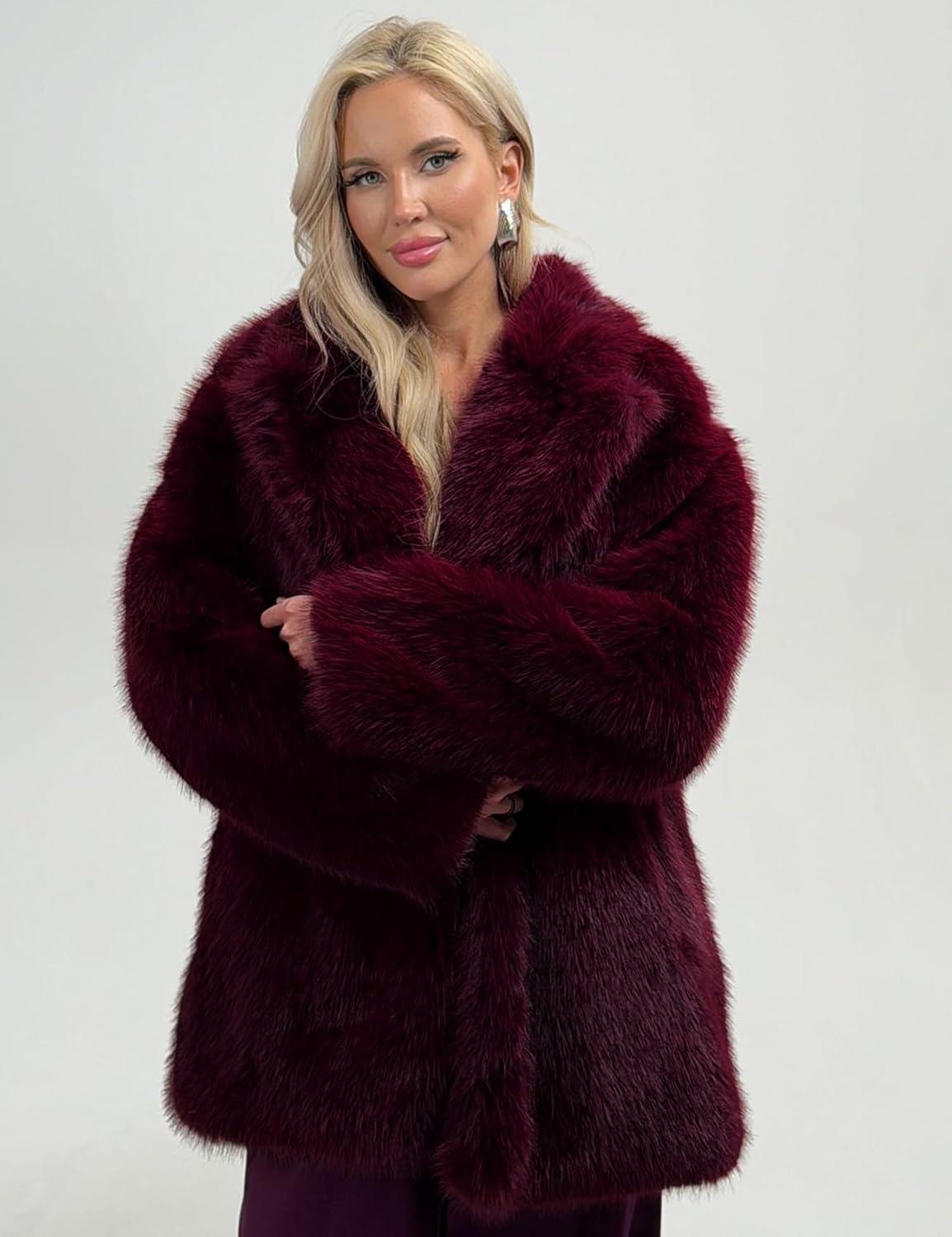 imageKissonic Womens Long Faux Fur Coat Lapel Shaggy Winter Jacket Luxury Warm Furry Open Front OuterwearWinered