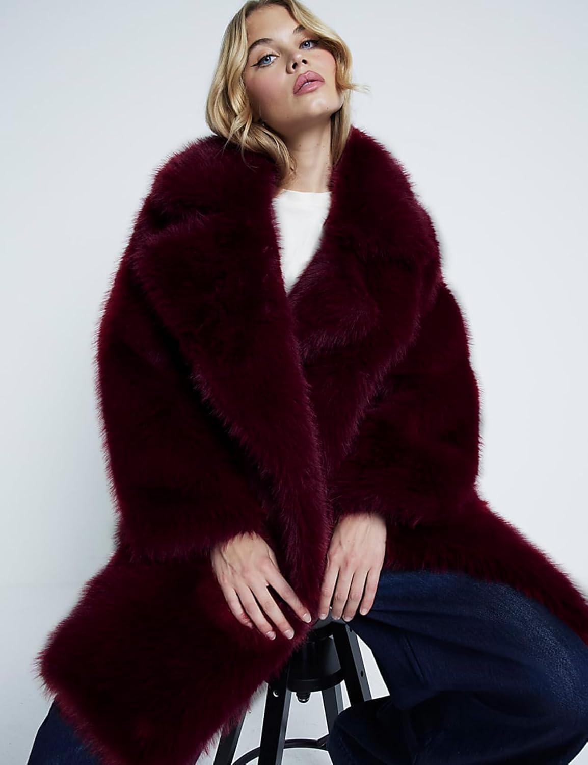 imageKissonic Womens Long Faux Fur Coat Lapel Shaggy Winter Jacket Luxury Warm Furry Open Front OuterwearWinered