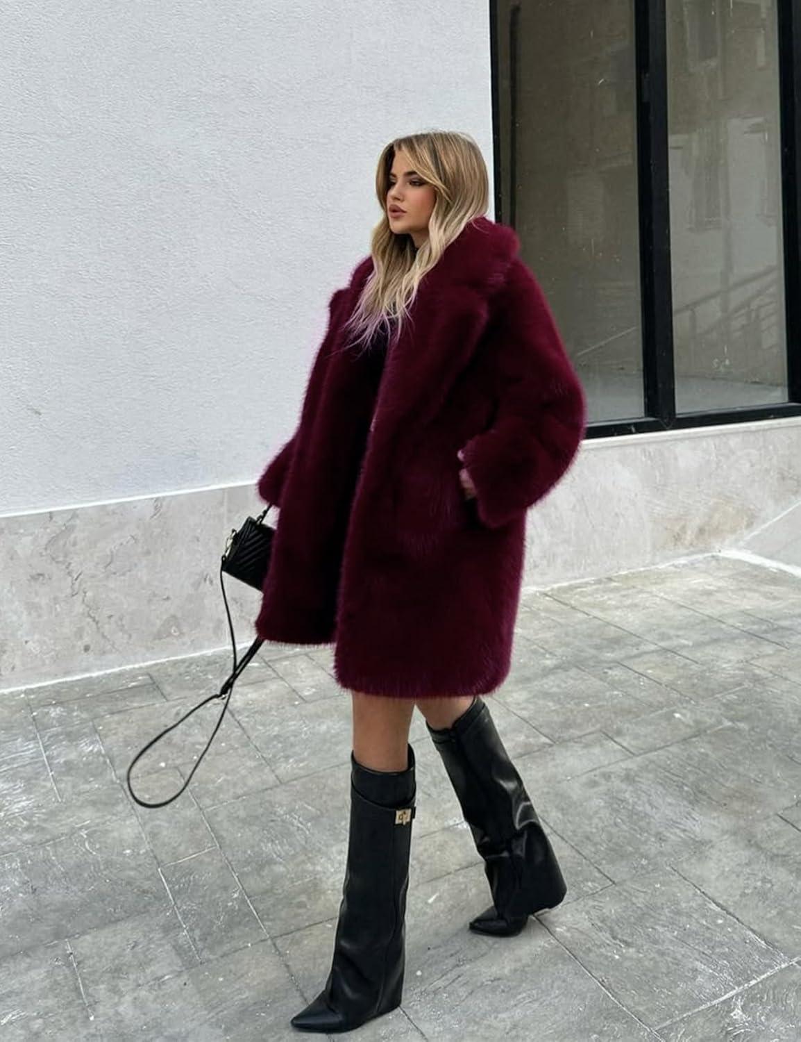 imageKissonic Womens Long Faux Fur Coat Lapel Shaggy Winter Jacket Luxury Warm Furry Open Front OuterwearWinered