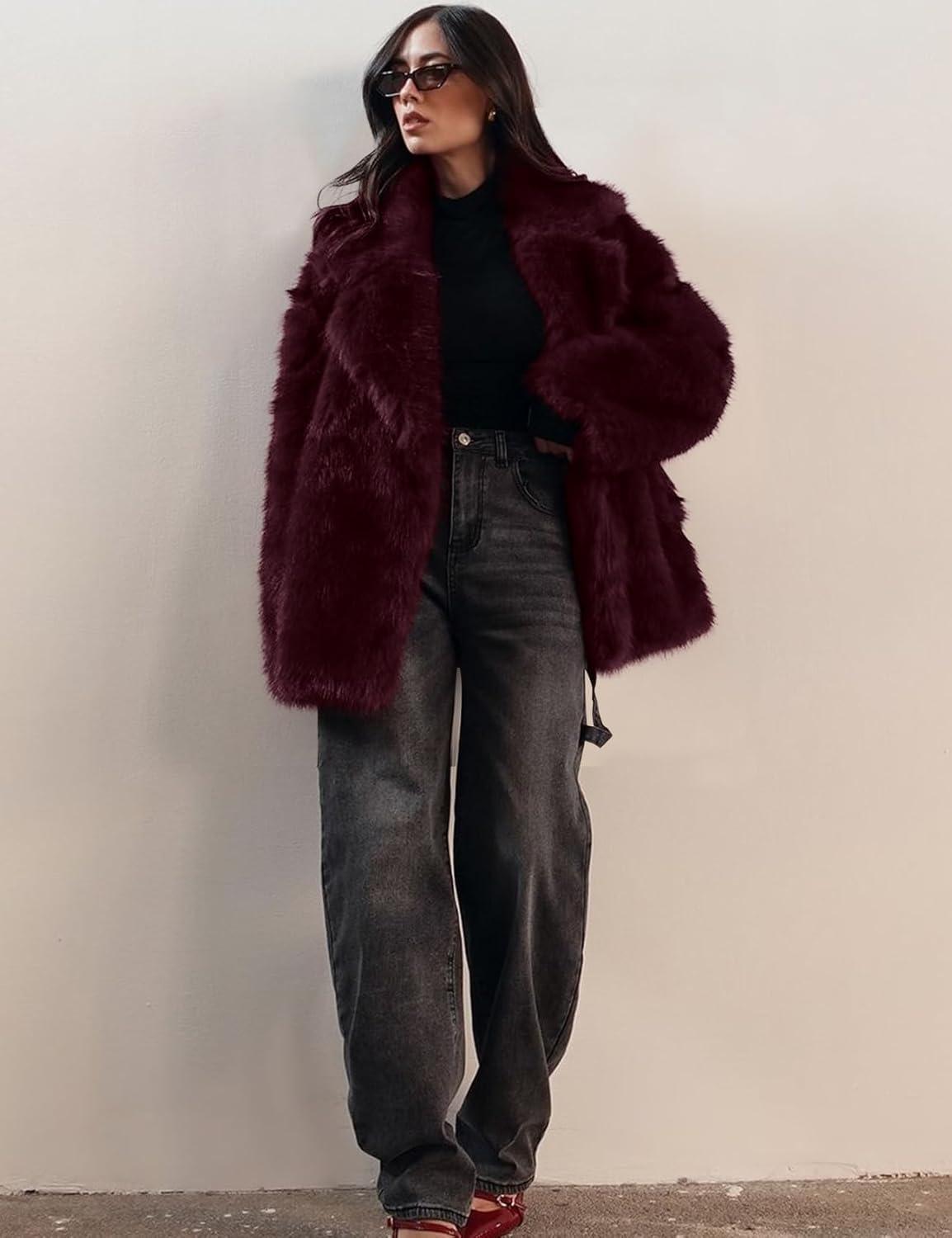 imageKissonic Womens Long Faux Fur Coat Lapel Shaggy Winter Jacket Luxury Warm Furry Open Front OuterwearWinered