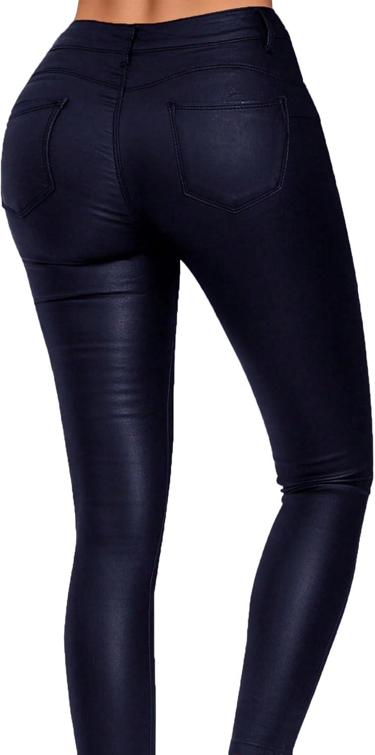 imageLeather Pants for Women High Waisted Skinny Tummy Control Thick Thermal Lined Stretch Sexy Push Up Pleather LeggingsNavy Blue