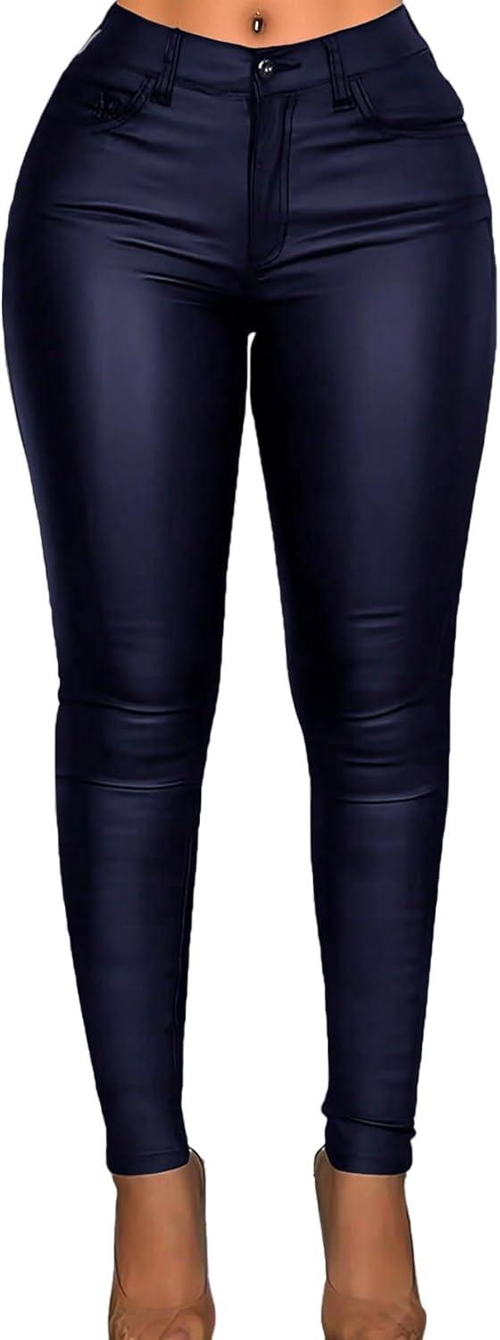 imageLeather Pants for Women High Waisted Skinny Tummy Control Thick Thermal Lined Stretch Sexy Push Up Pleather LeggingsNavy Blue
