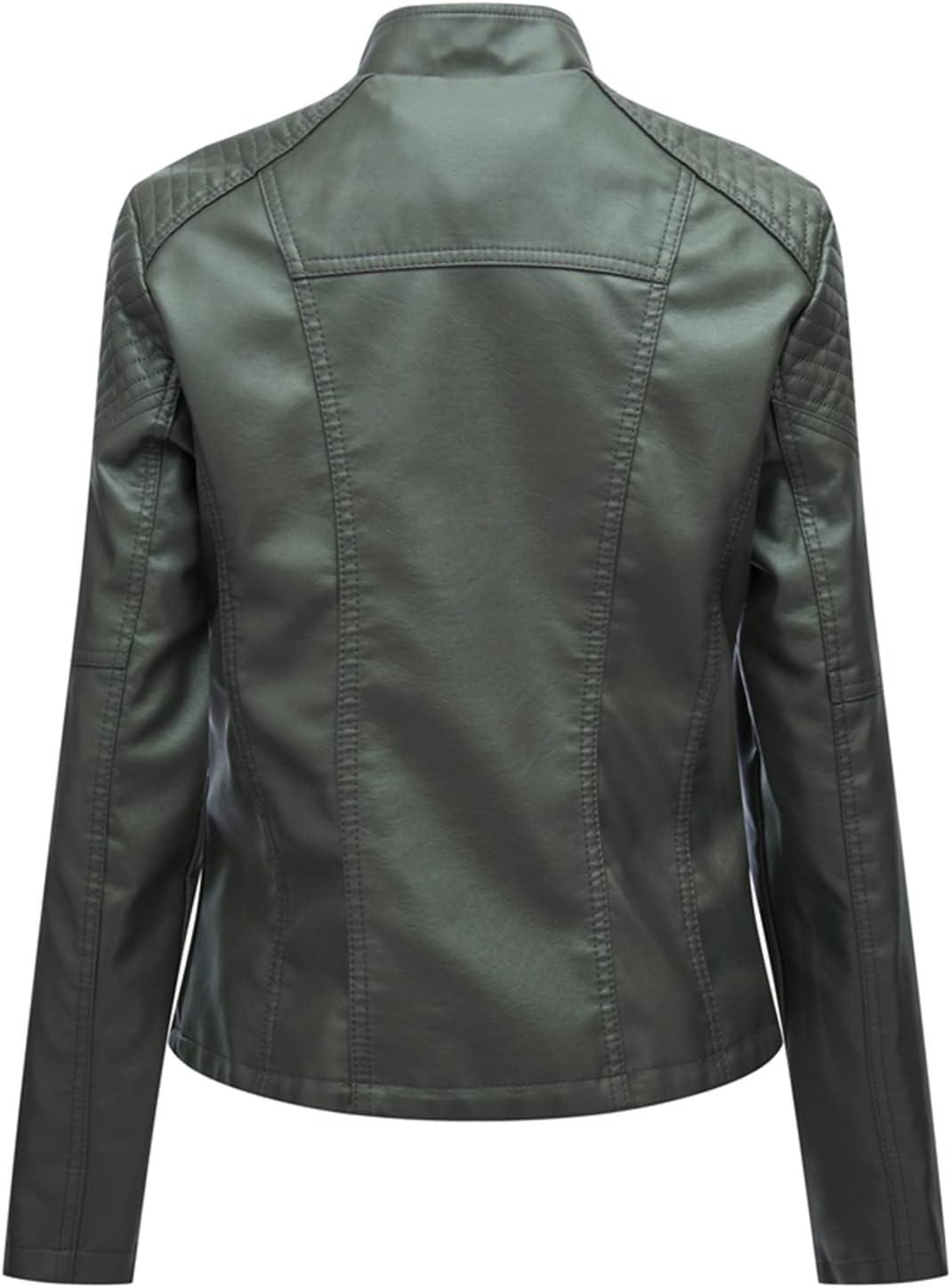 imageLus Chic Womens Motorcycle Jacket Fashion Dressy Vegan Leather Biker Coat Light Slim Fit Crop Blazer Moto JacketArmy Green