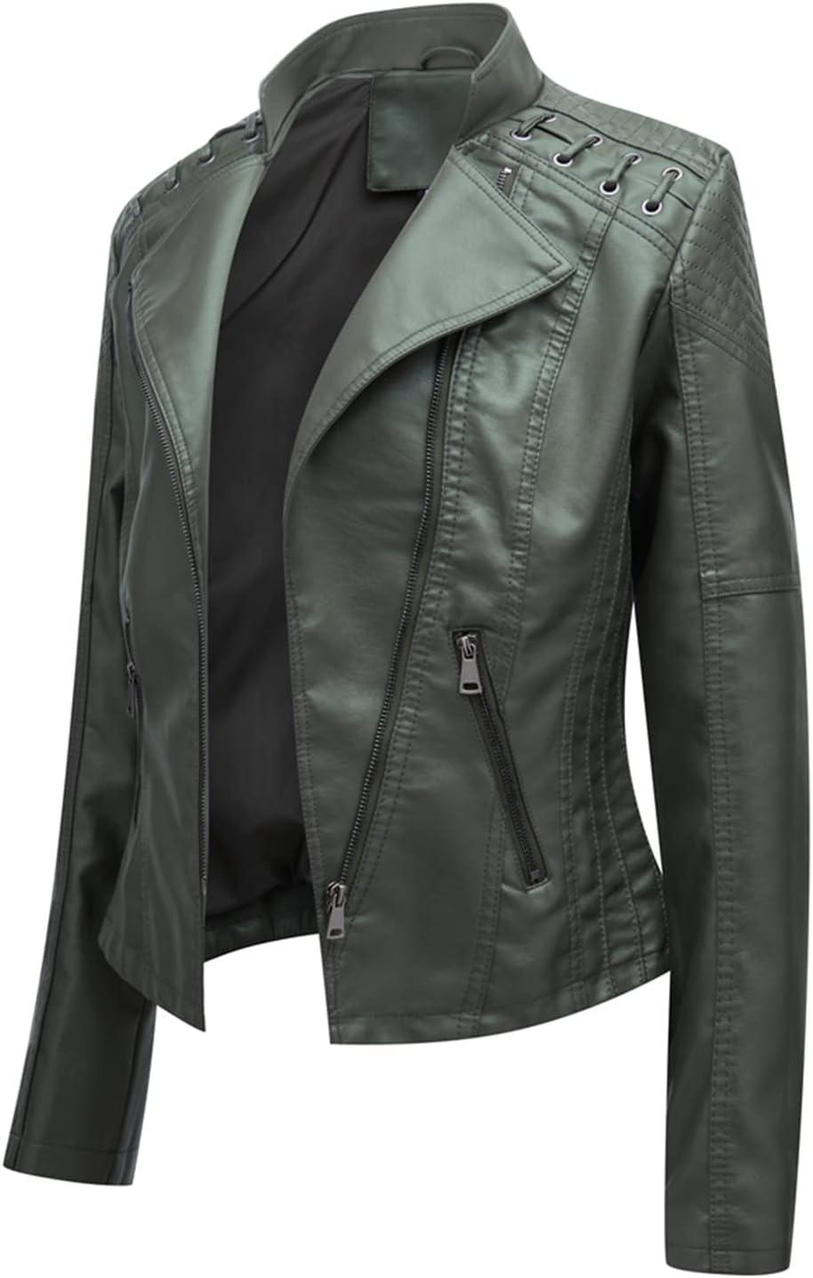 imageLus Chic Womens Motorcycle Jacket Fashion Dressy Vegan Leather Biker Coat Light Slim Fit Crop Blazer Moto JacketArmy Green