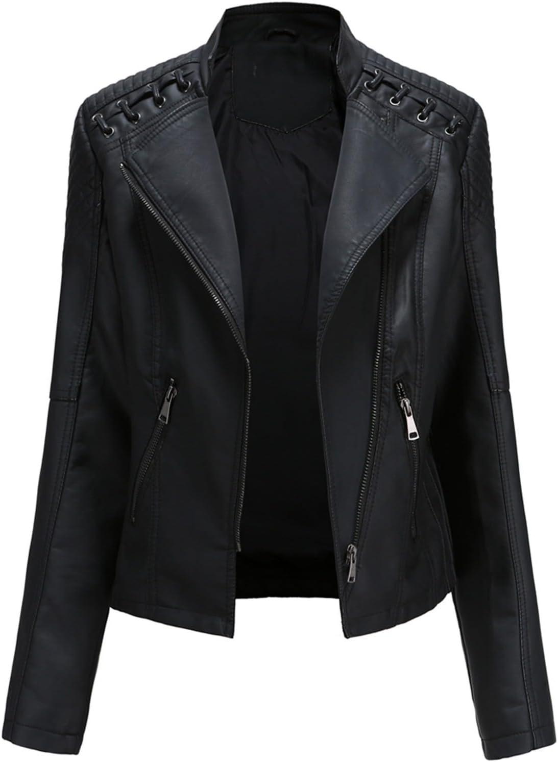 imageLus Chic Womens Motorcycle Jacket Fashion Dressy Vegan Leather Biker Coat Light Slim Fit Crop Blazer Moto JacketBlack