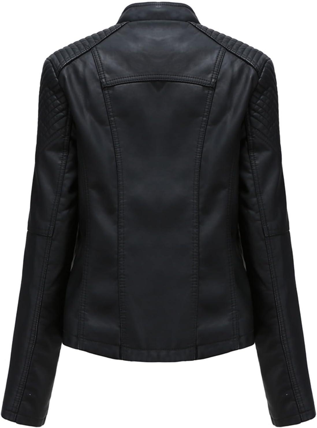 imageLus Chic Womens Motorcycle Jacket Fashion Dressy Vegan Leather Biker Coat Light Slim Fit Crop Blazer Moto JacketBlack