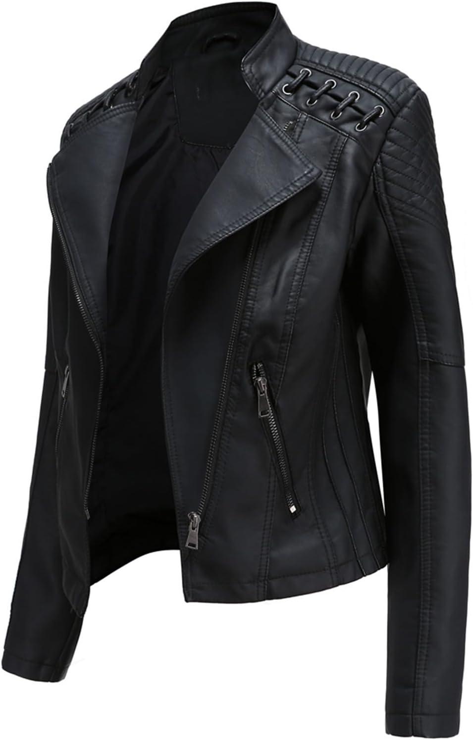 imageLus Chic Womens Motorcycle Jacket Fashion Dressy Vegan Leather Biker Coat Light Slim Fit Crop Blazer Moto JacketBlack
