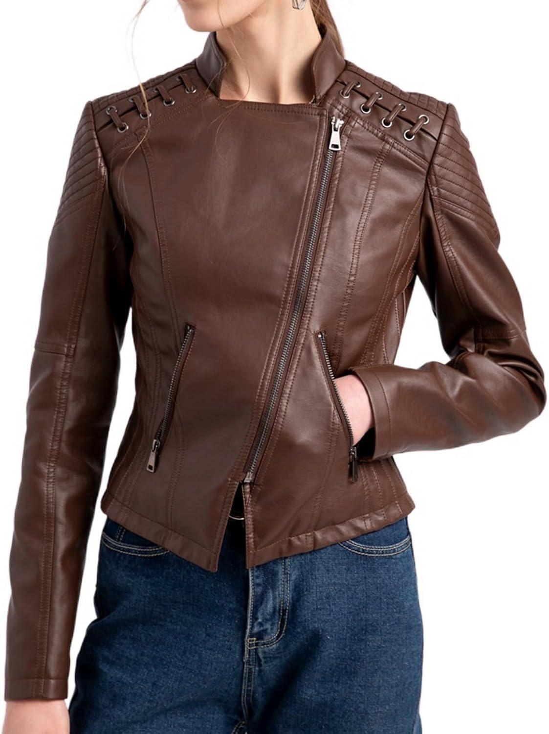 imageLus Chic Womens Motorcycle Jacket Fashion Dressy Vegan Leather Biker Coat Light Slim Fit Crop Blazer Moto JacketCoffee