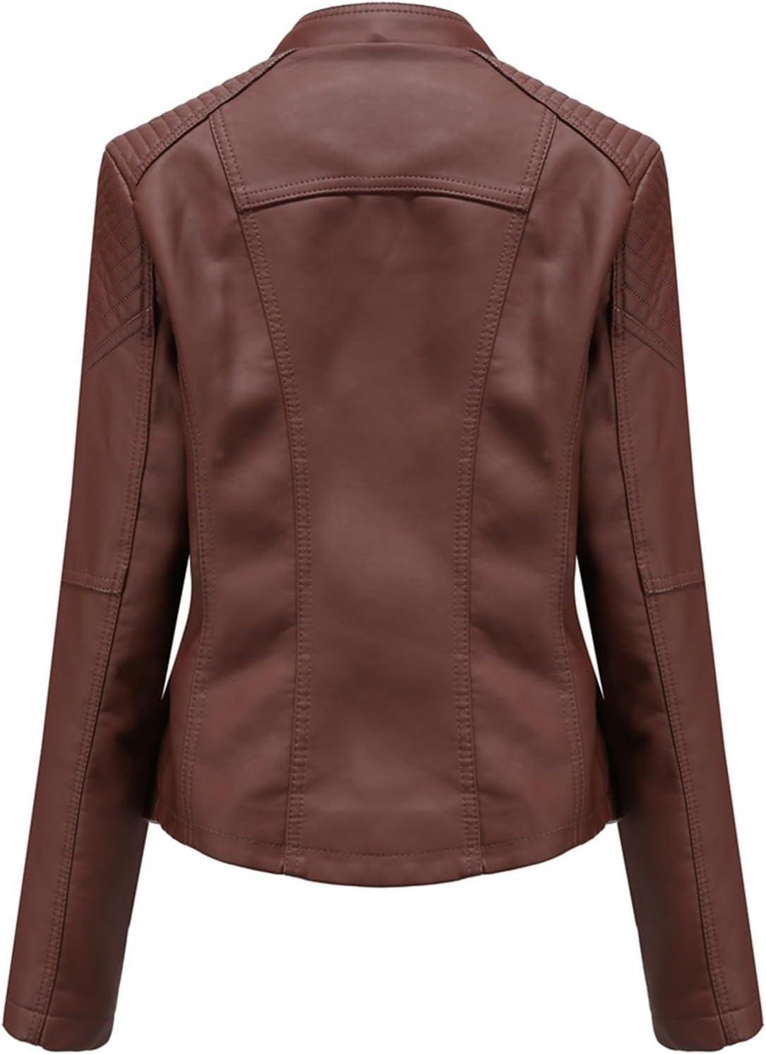 imageLus Chic Womens Motorcycle Jacket Fashion Dressy Vegan Leather Biker Coat Light Slim Fit Crop Blazer Moto JacketCoffee