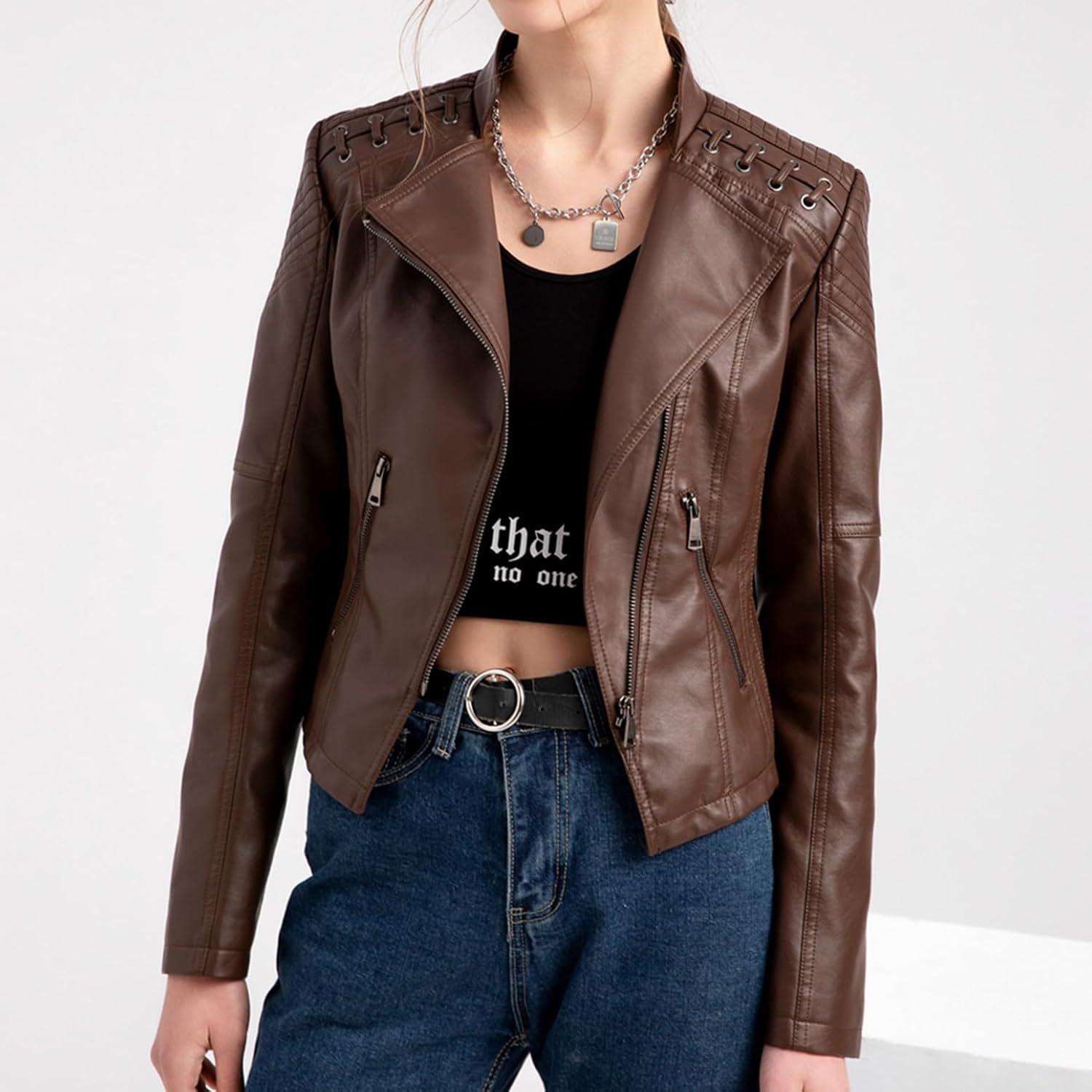 imageLus Chic Womens Motorcycle Jacket Fashion Dressy Vegan Leather Biker Coat Light Slim Fit Crop Blazer Moto JacketCoffee