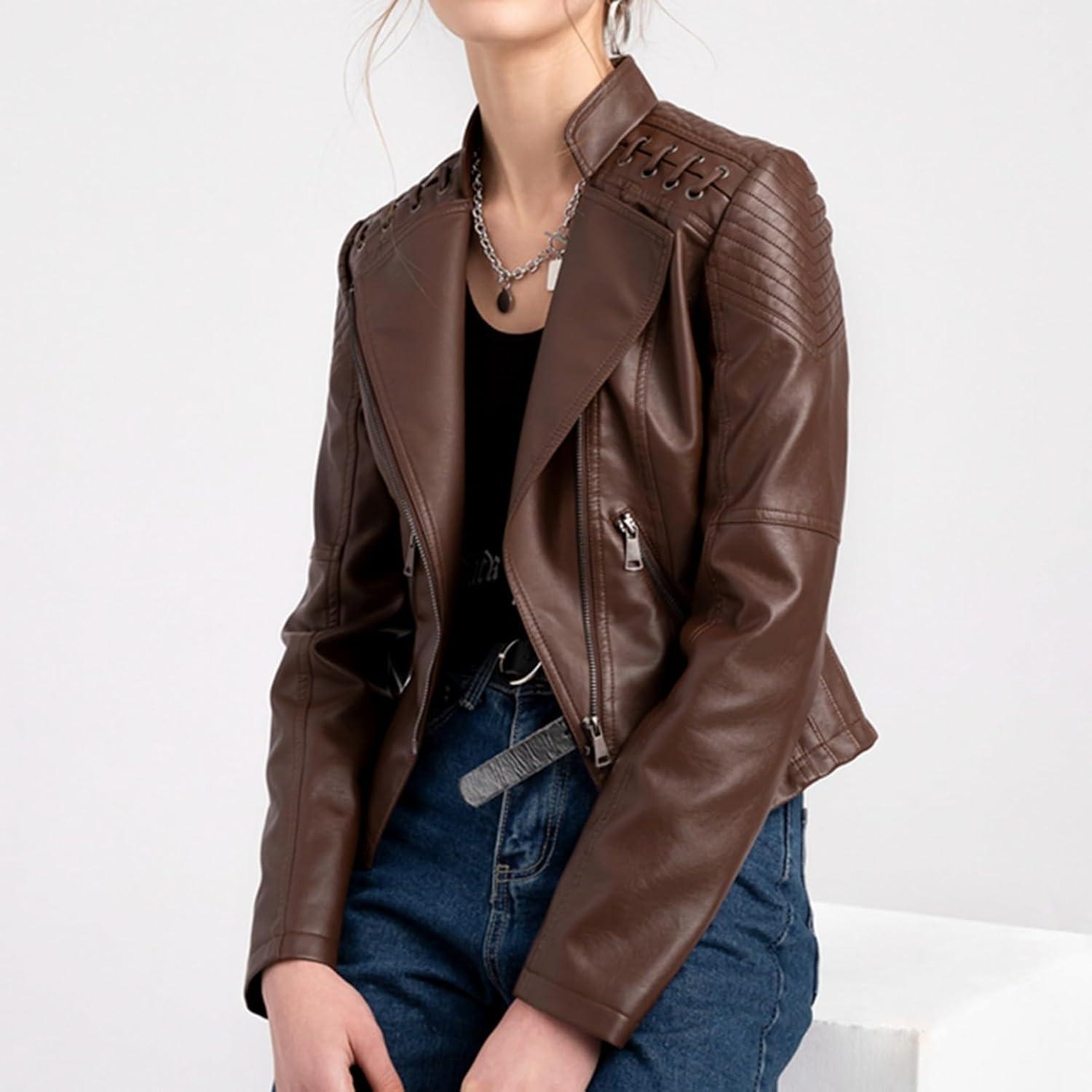 imageLus Chic Womens Motorcycle Jacket Fashion Dressy Vegan Leather Biker Coat Light Slim Fit Crop Blazer Moto JacketCoffee