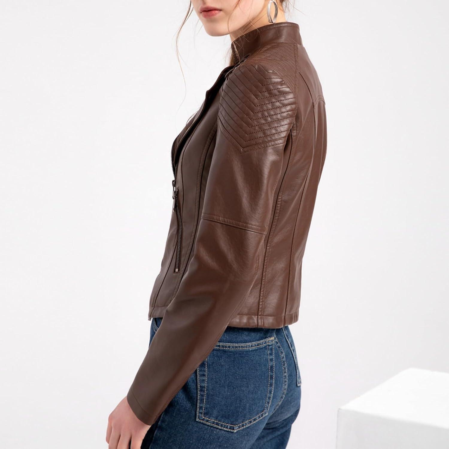 imageLus Chic Womens Motorcycle Jacket Fashion Dressy Vegan Leather Biker Coat Light Slim Fit Crop Blazer Moto JacketCoffee