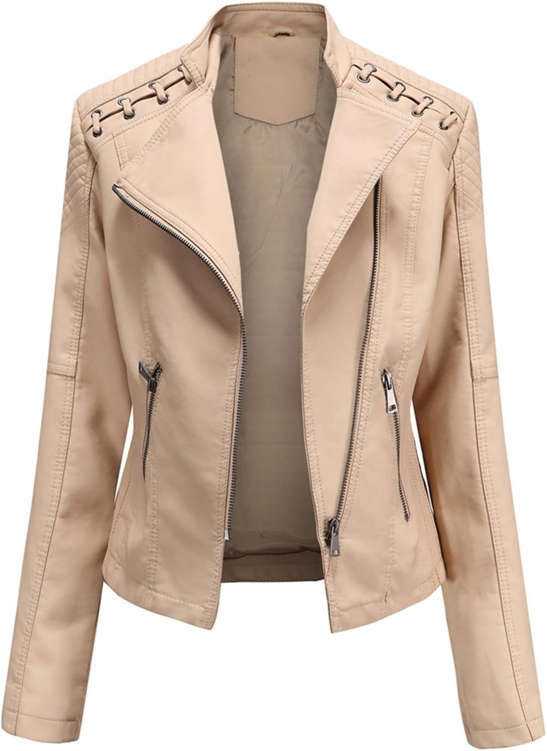 imageLus Chic Womens Motorcycle Jacket Fashion Dressy Vegan Leather Biker Coat Light Slim Fit Crop Blazer Moto JacketKhaki