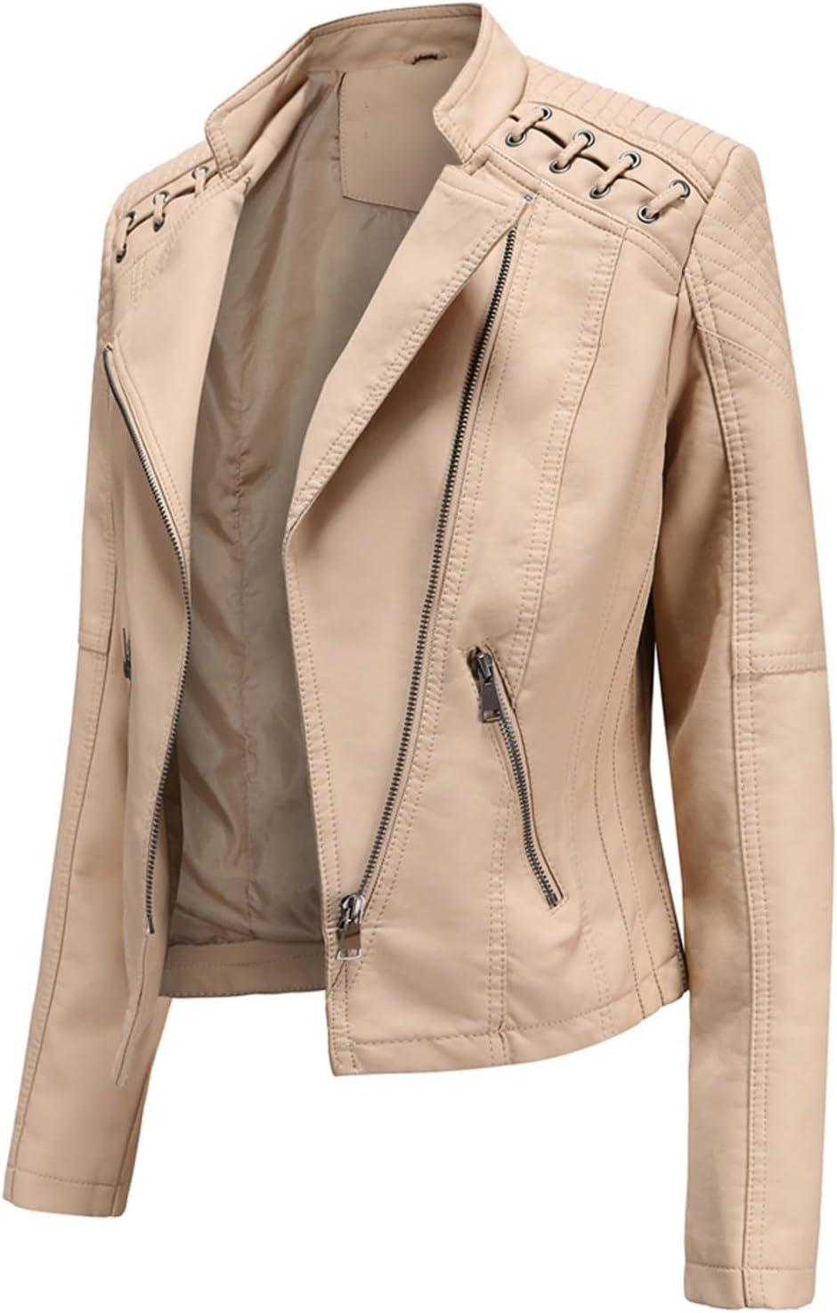 imageLus Chic Womens Motorcycle Jacket Fashion Dressy Vegan Leather Biker Coat Light Slim Fit Crop Blazer Moto JacketKhaki