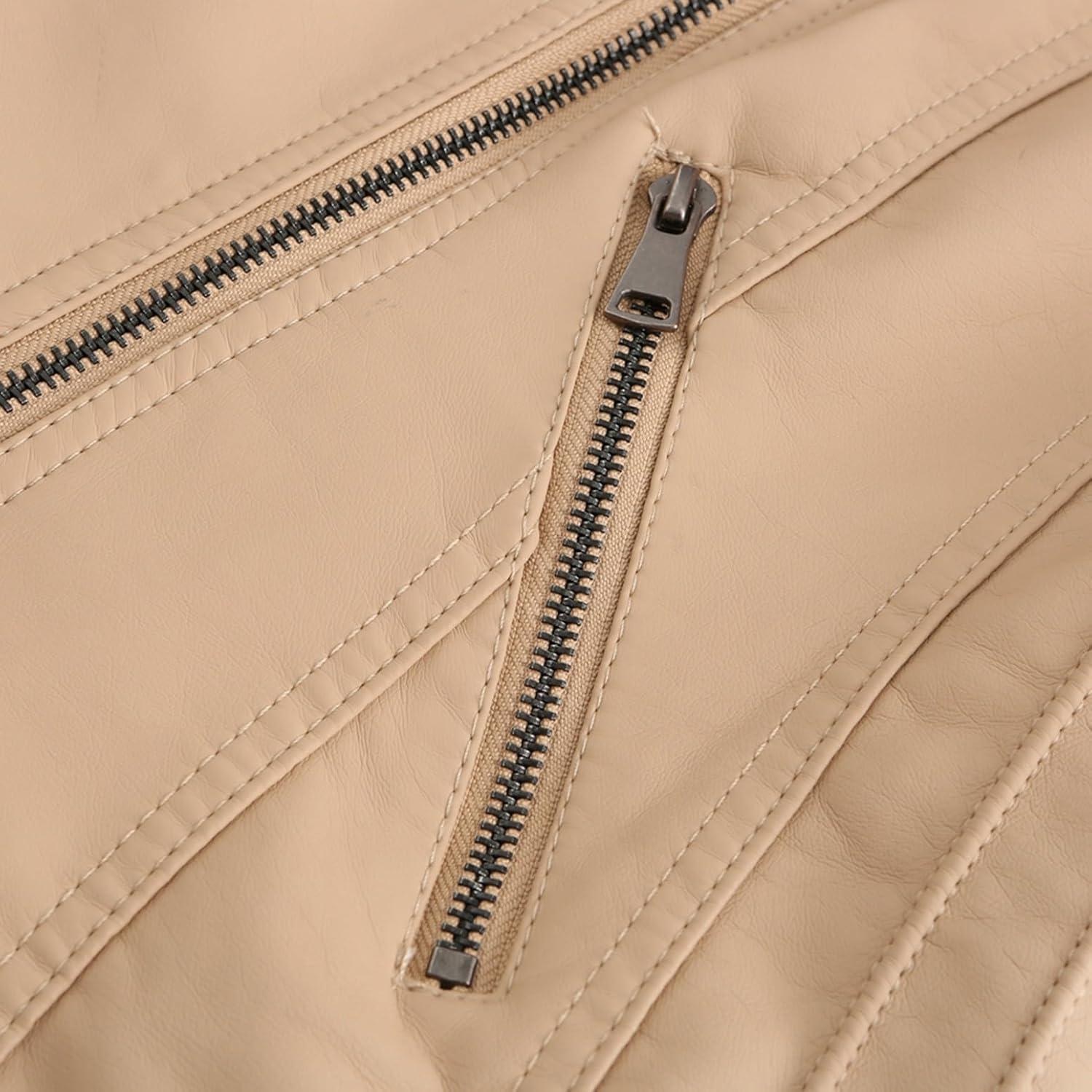 imageLus Chic Womens Motorcycle Jacket Fashion Dressy Vegan Leather Biker Coat Light Slim Fit Crop Blazer Moto JacketKhaki