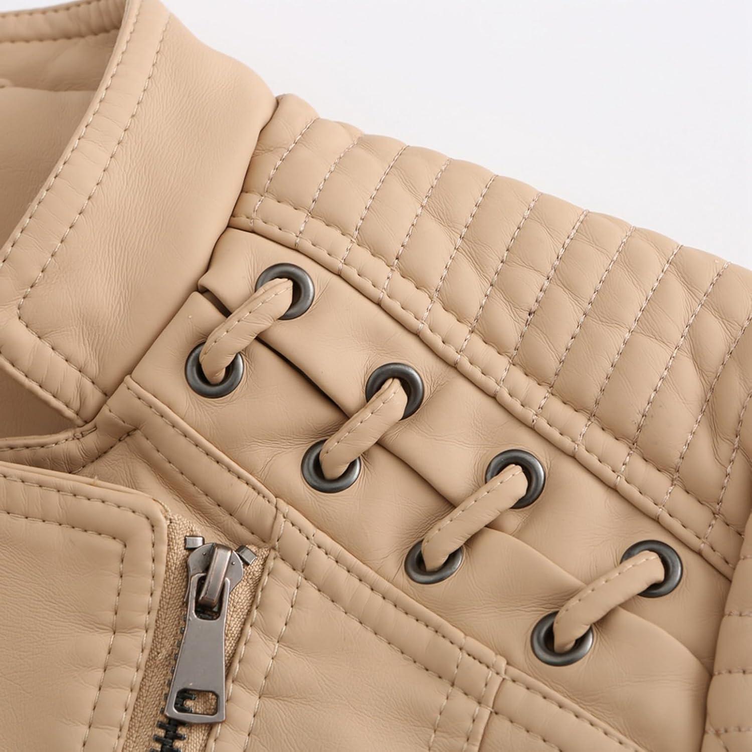 imageLus Chic Womens Motorcycle Jacket Fashion Dressy Vegan Leather Biker Coat Light Slim Fit Crop Blazer Moto JacketKhaki