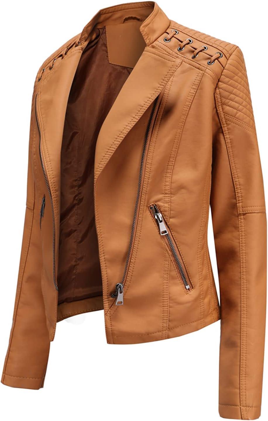 imageLus Chic Womens Motorcycle Jacket Fashion Dressy Vegan Leather Biker Coat Light Slim Fit Crop Blazer Moto JacketLight Coffee