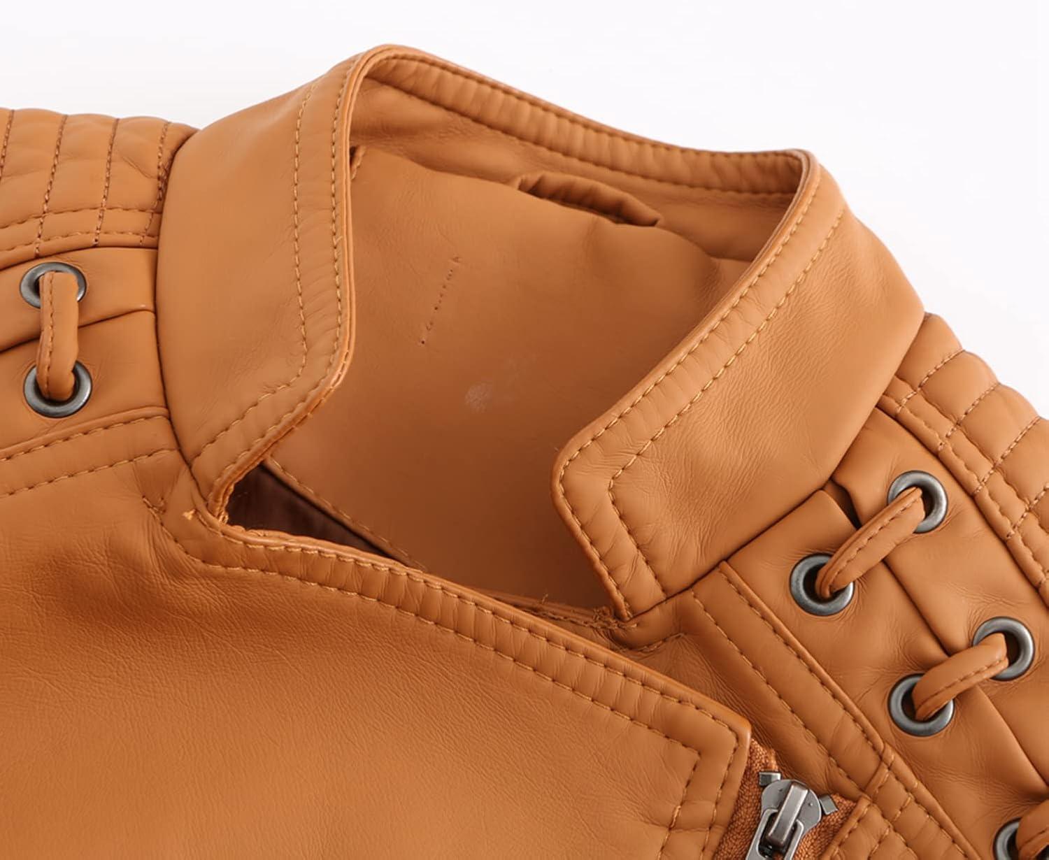 imageLus Chic Womens Motorcycle Jacket Fashion Dressy Vegan Leather Biker Coat Light Slim Fit Crop Blazer Moto JacketLight Coffee