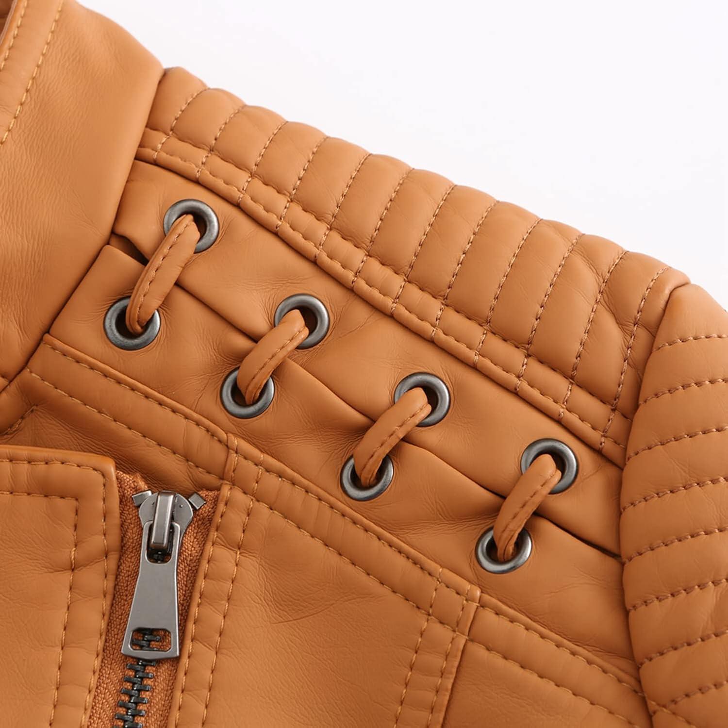 imageLus Chic Womens Motorcycle Jacket Fashion Dressy Vegan Leather Biker Coat Light Slim Fit Crop Blazer Moto JacketLight Coffee