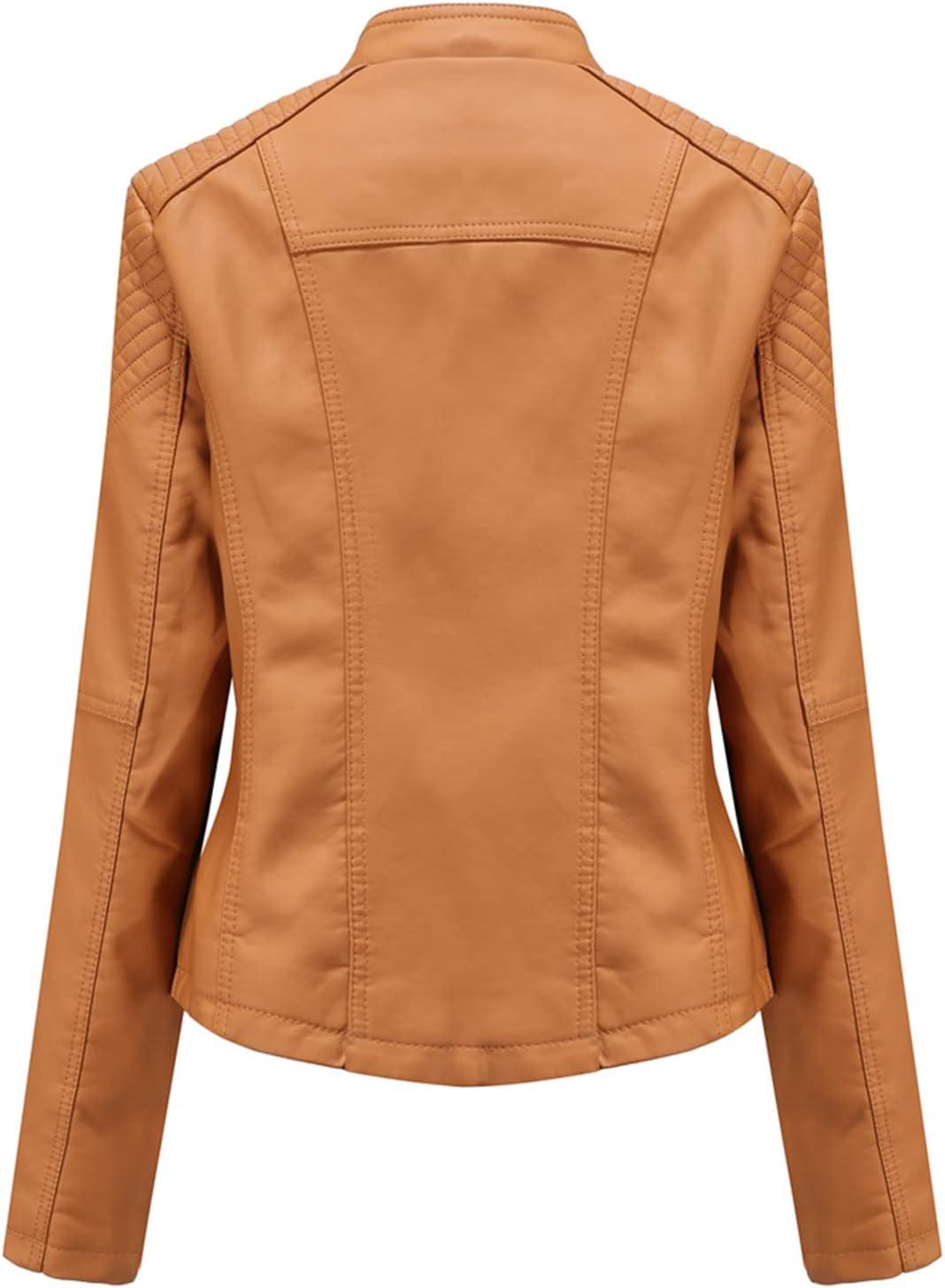 imageLus Chic Womens Motorcycle Jacket Fashion Dressy Vegan Leather Biker Coat Light Slim Fit Crop Blazer Moto JacketLight Coffee