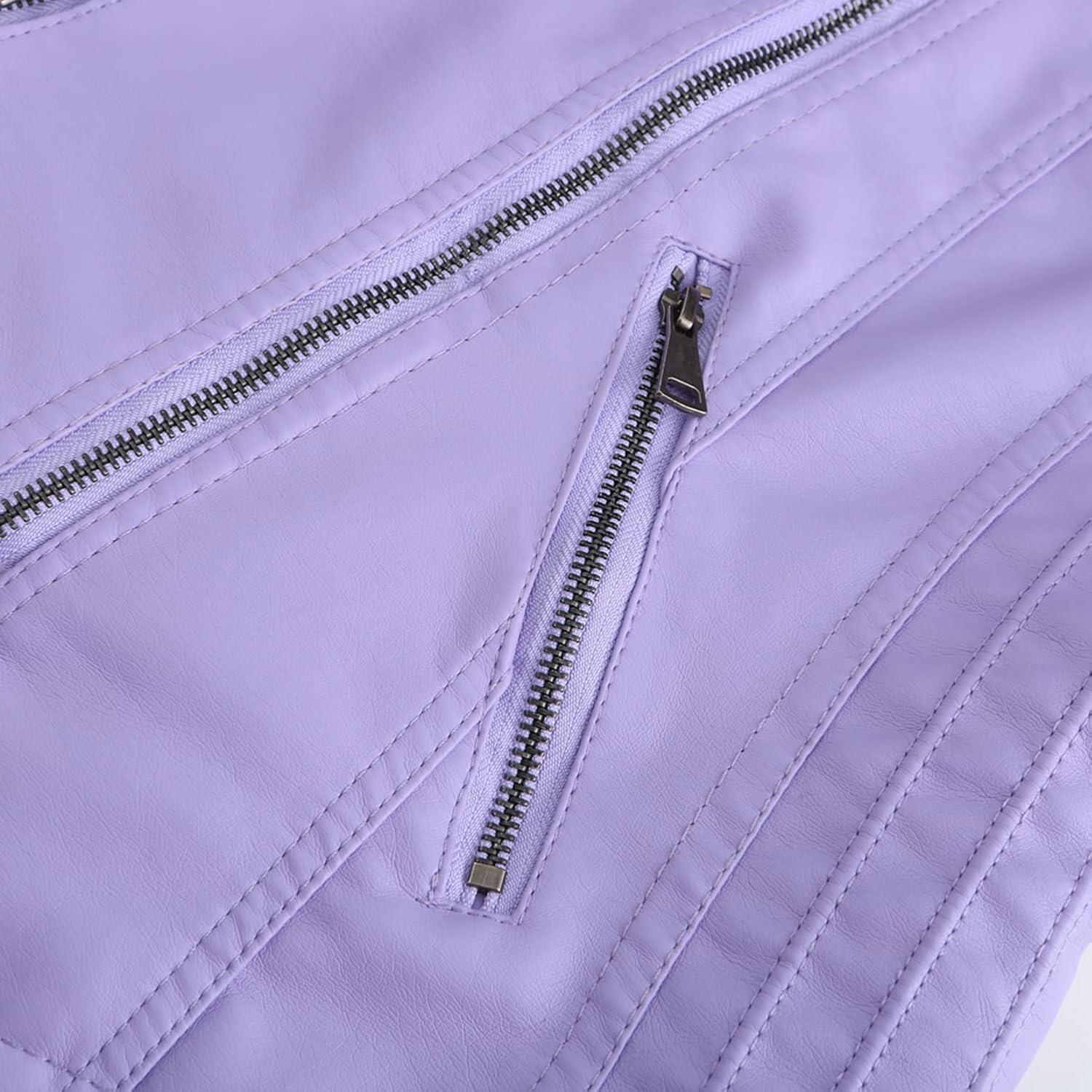 imageLus Chic Womens Motorcycle Jacket Fashion Dressy Vegan Leather Biker Coat Light Slim Fit Crop Blazer Moto JacketLight Purple