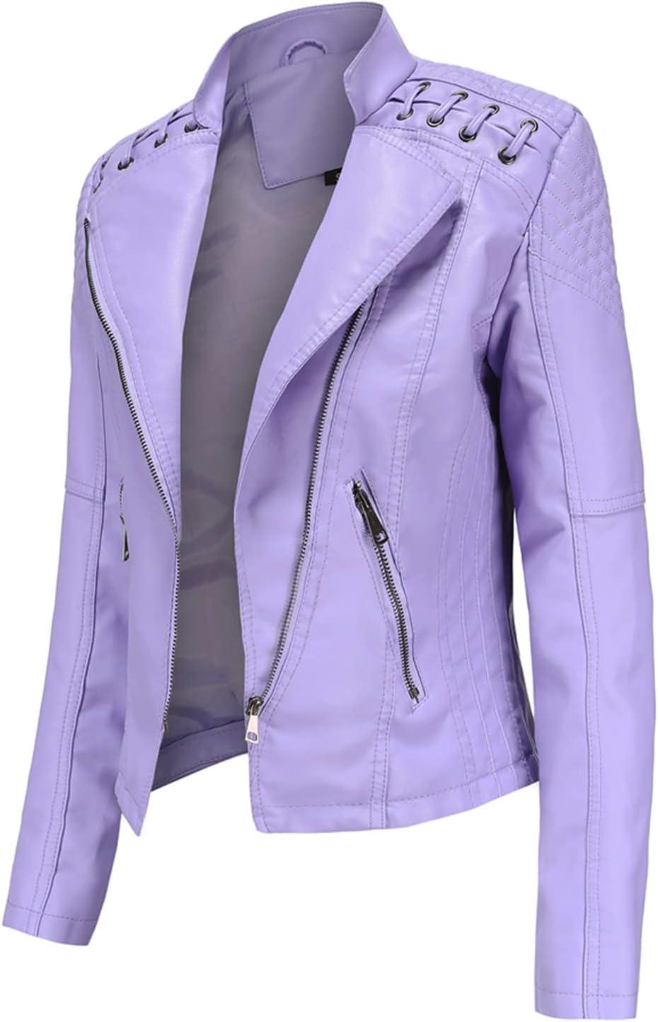 imageLus Chic Womens Motorcycle Jacket Fashion Dressy Vegan Leather Biker Coat Light Slim Fit Crop Blazer Moto JacketLight Purple