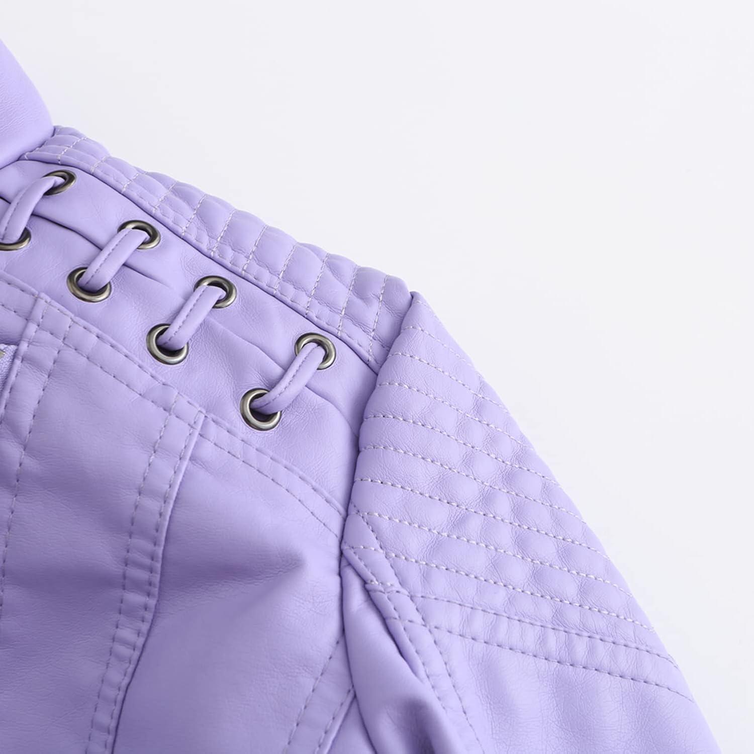 imageLus Chic Womens Motorcycle Jacket Fashion Dressy Vegan Leather Biker Coat Light Slim Fit Crop Blazer Moto JacketLight Purple