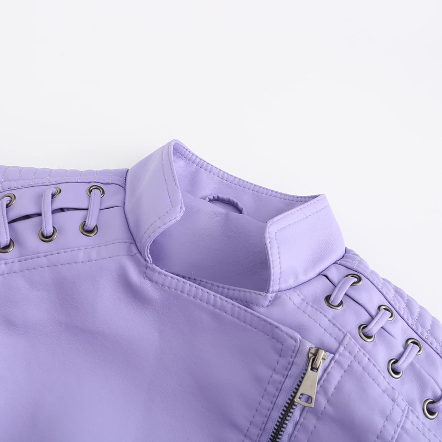 imageLus Chic Womens Motorcycle Jacket Fashion Dressy Vegan Leather Biker Coat Light Slim Fit Crop Blazer Moto JacketLight Purple