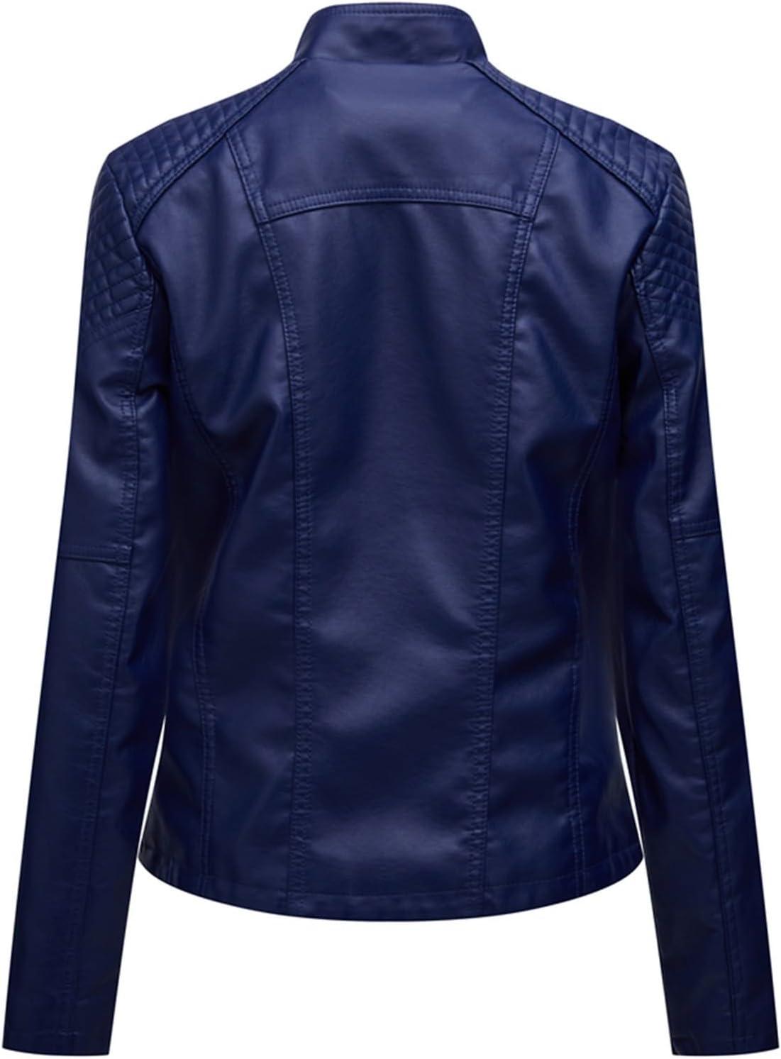 imageLus Chic Womens Motorcycle Jacket Fashion Dressy Vegan Leather Biker Coat Light Slim Fit Crop Blazer Moto JacketNavy
