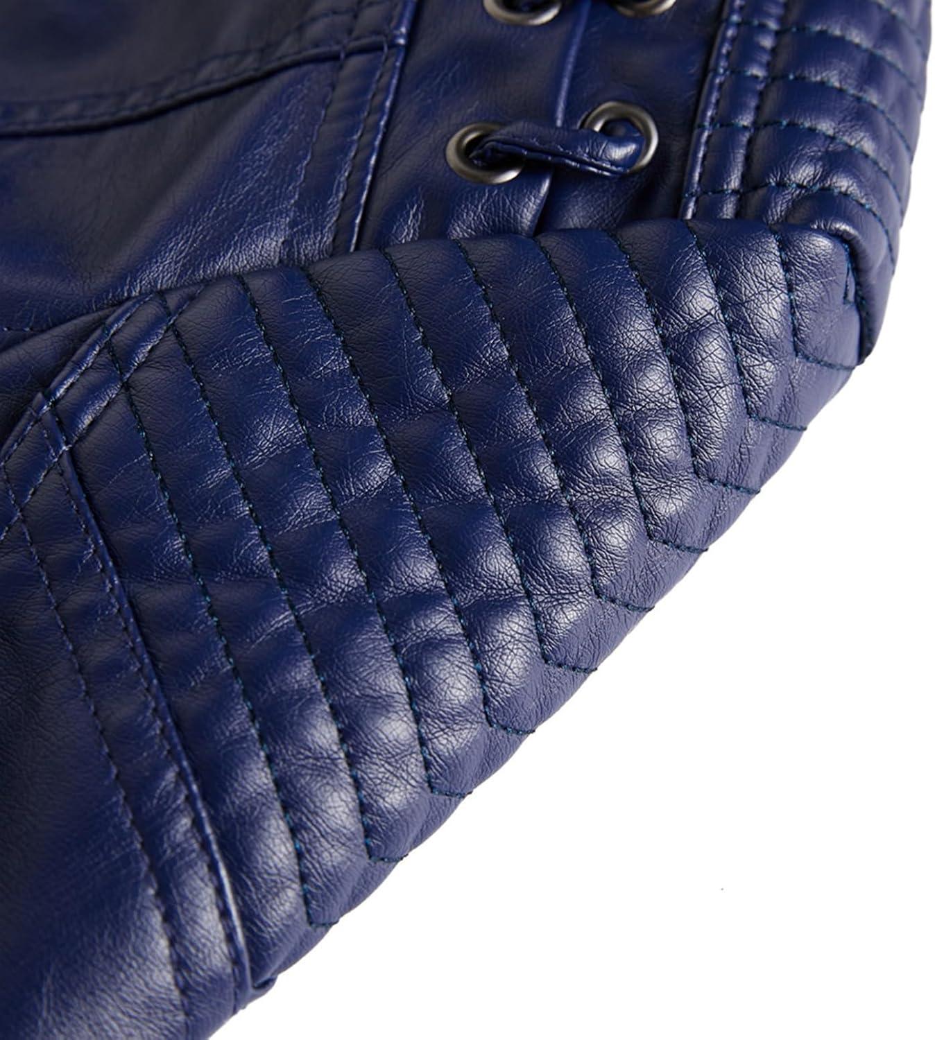 imageLus Chic Womens Motorcycle Jacket Fashion Dressy Vegan Leather Biker Coat Light Slim Fit Crop Blazer Moto JacketNavy