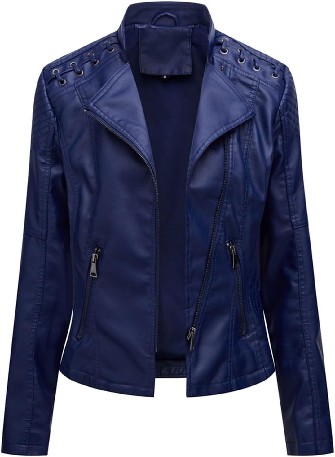 imageLus Chic Womens Motorcycle Jacket Fashion Dressy Vegan Leather Biker Coat Light Slim Fit Crop Blazer Moto JacketNavy