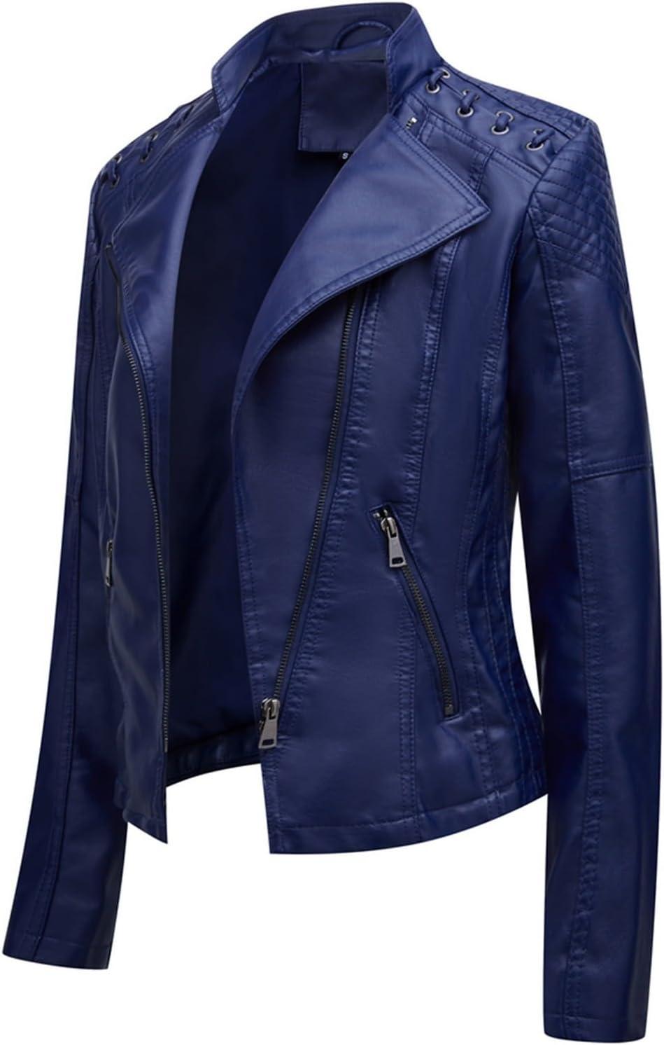 imageLus Chic Womens Motorcycle Jacket Fashion Dressy Vegan Leather Biker Coat Light Slim Fit Crop Blazer Moto JacketNavy