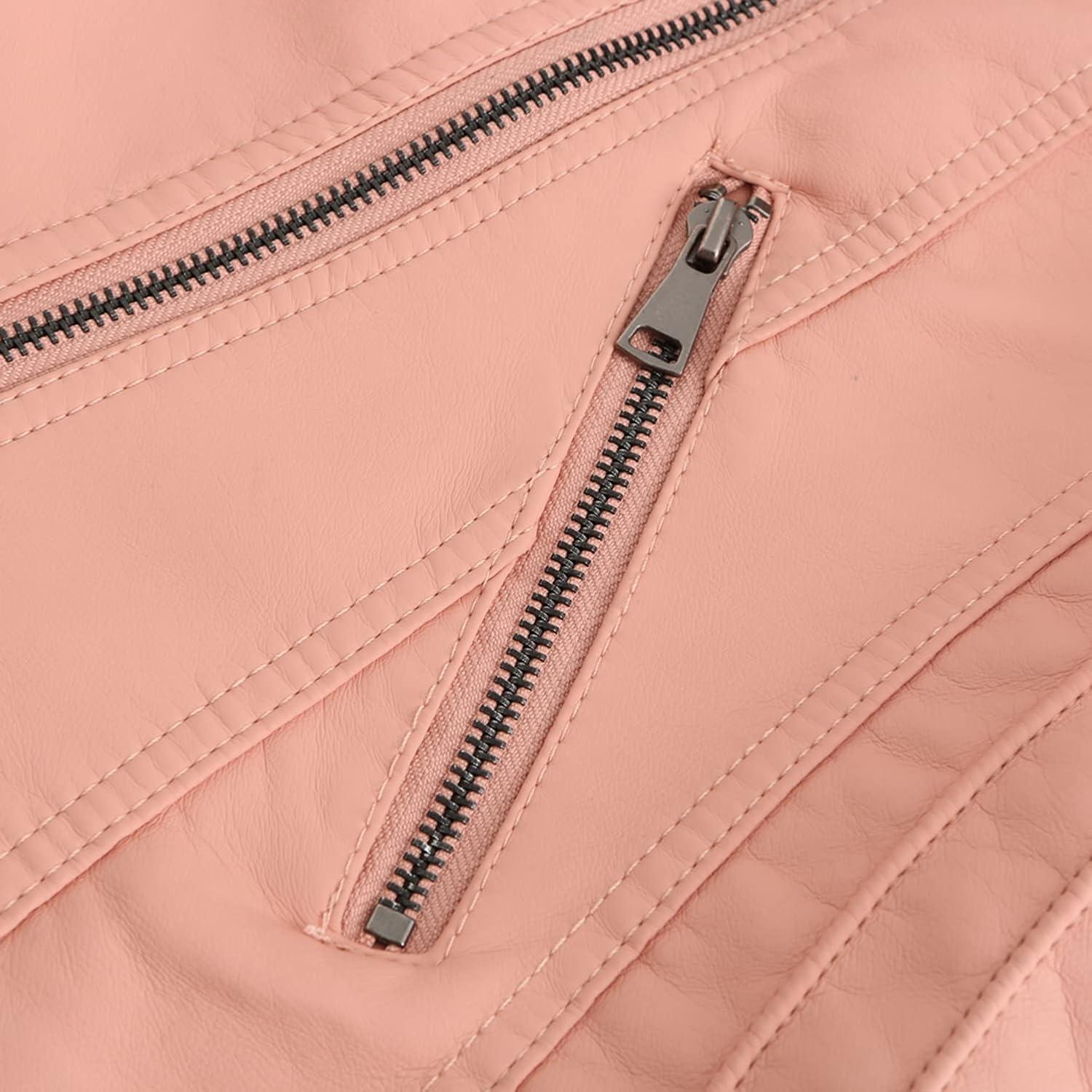 imageLus Chic Womens Motorcycle Jacket Fashion Dressy Vegan Leather Biker Coat Light Slim Fit Crop Blazer Moto JacketPink