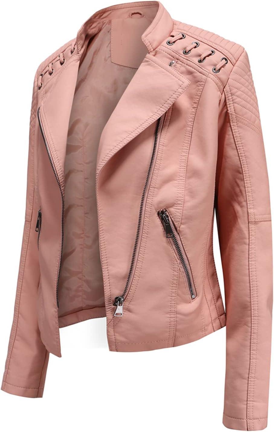 imageLus Chic Womens Motorcycle Jacket Fashion Dressy Vegan Leather Biker Coat Light Slim Fit Crop Blazer Moto JacketPink