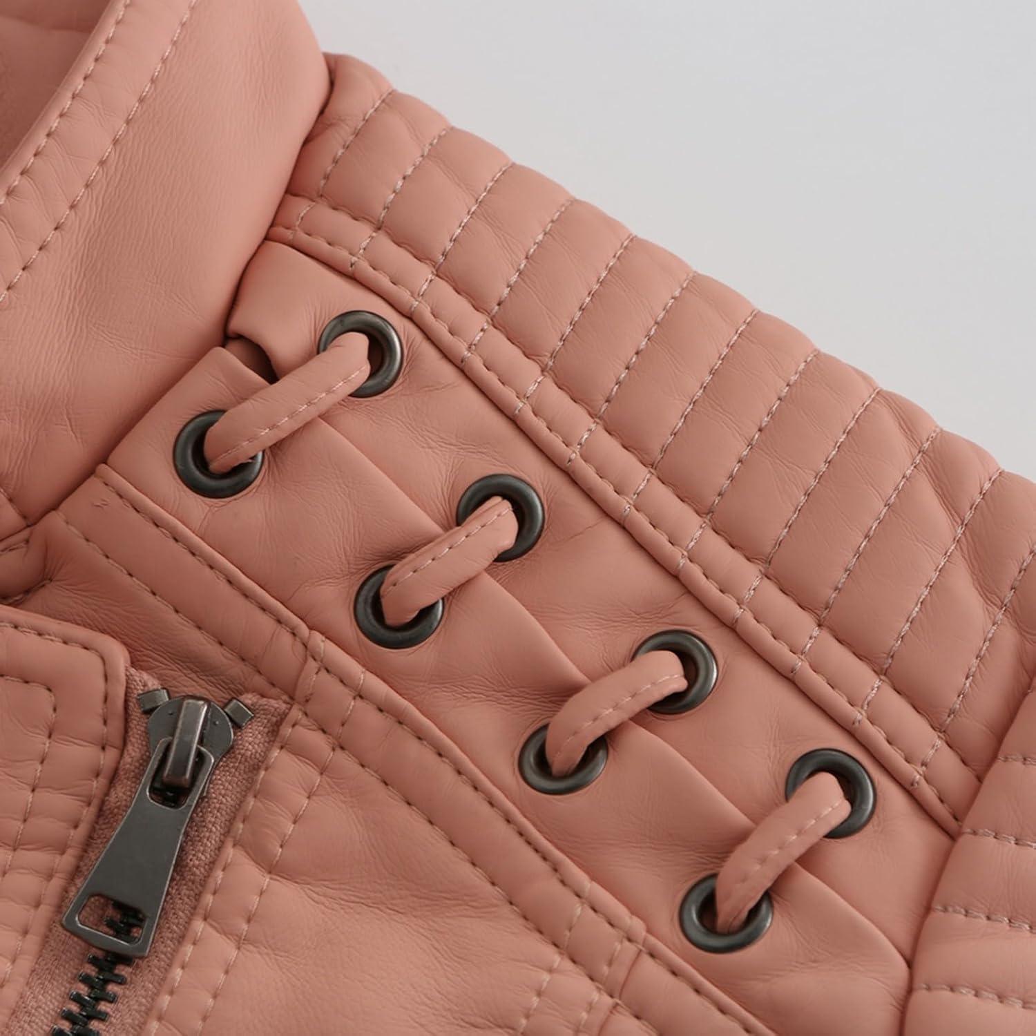 imageLus Chic Womens Motorcycle Jacket Fashion Dressy Vegan Leather Biker Coat Light Slim Fit Crop Blazer Moto JacketPink