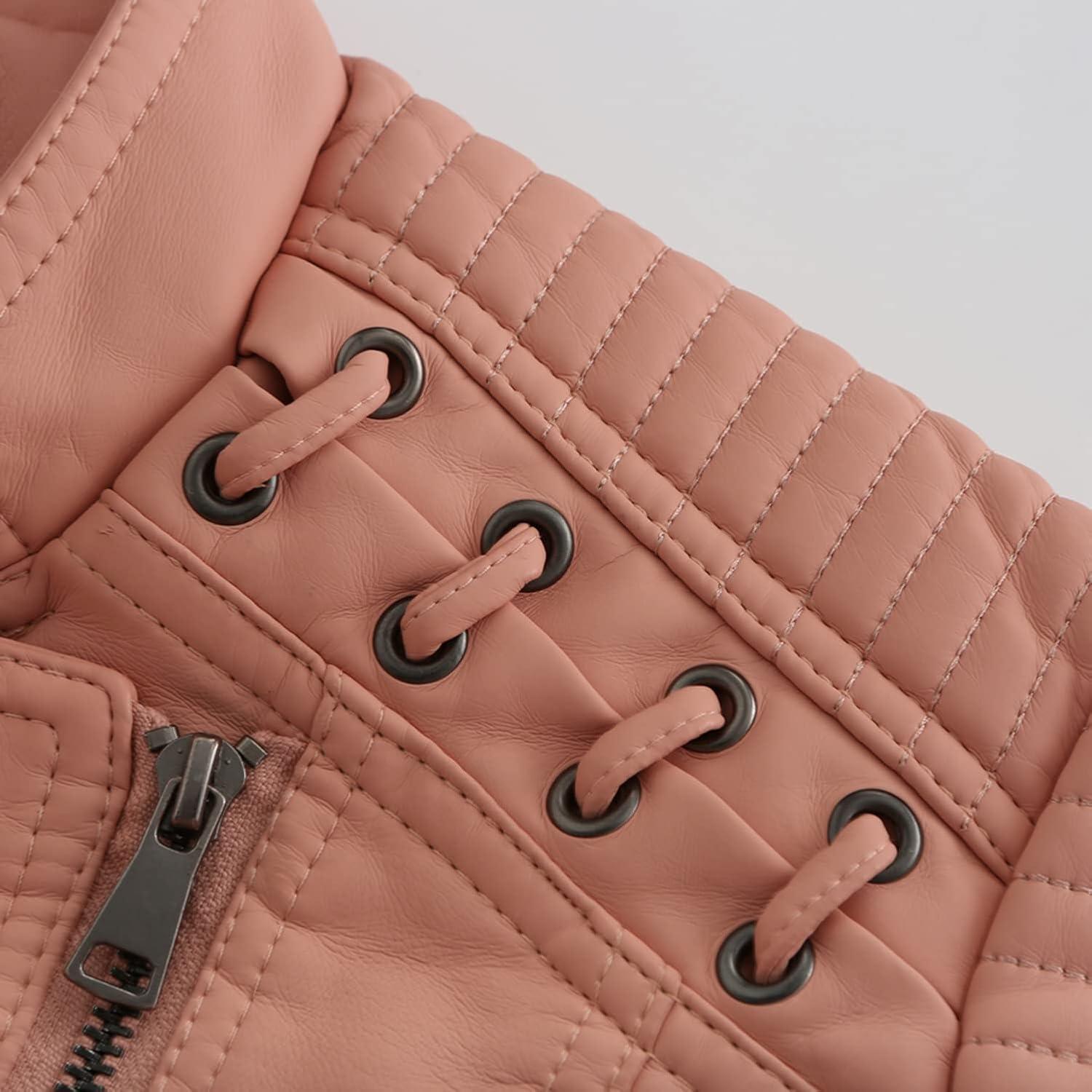 imageLus Chic Womens Motorcycle Jacket Fashion Dressy Vegan Leather Biker Coat Light Slim Fit Crop Blazer Moto JacketPink