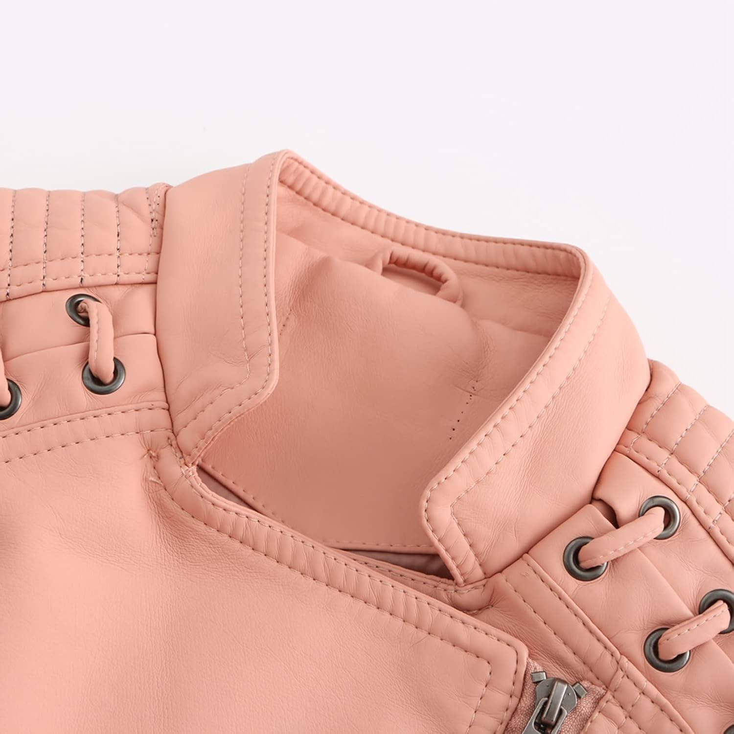 imageLus Chic Womens Motorcycle Jacket Fashion Dressy Vegan Leather Biker Coat Light Slim Fit Crop Blazer Moto JacketPink