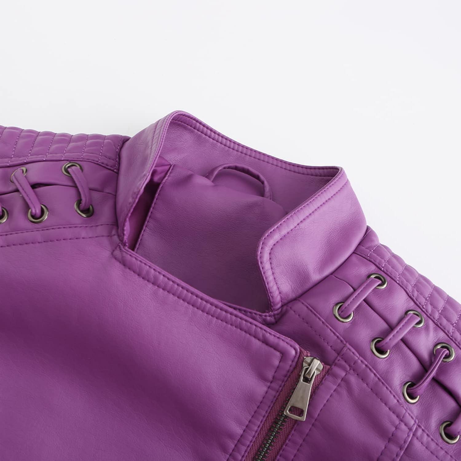 imageLus Chic Womens Motorcycle Jacket Fashion Dressy Vegan Leather Biker Coat Light Slim Fit Crop Blazer Moto JacketPurple