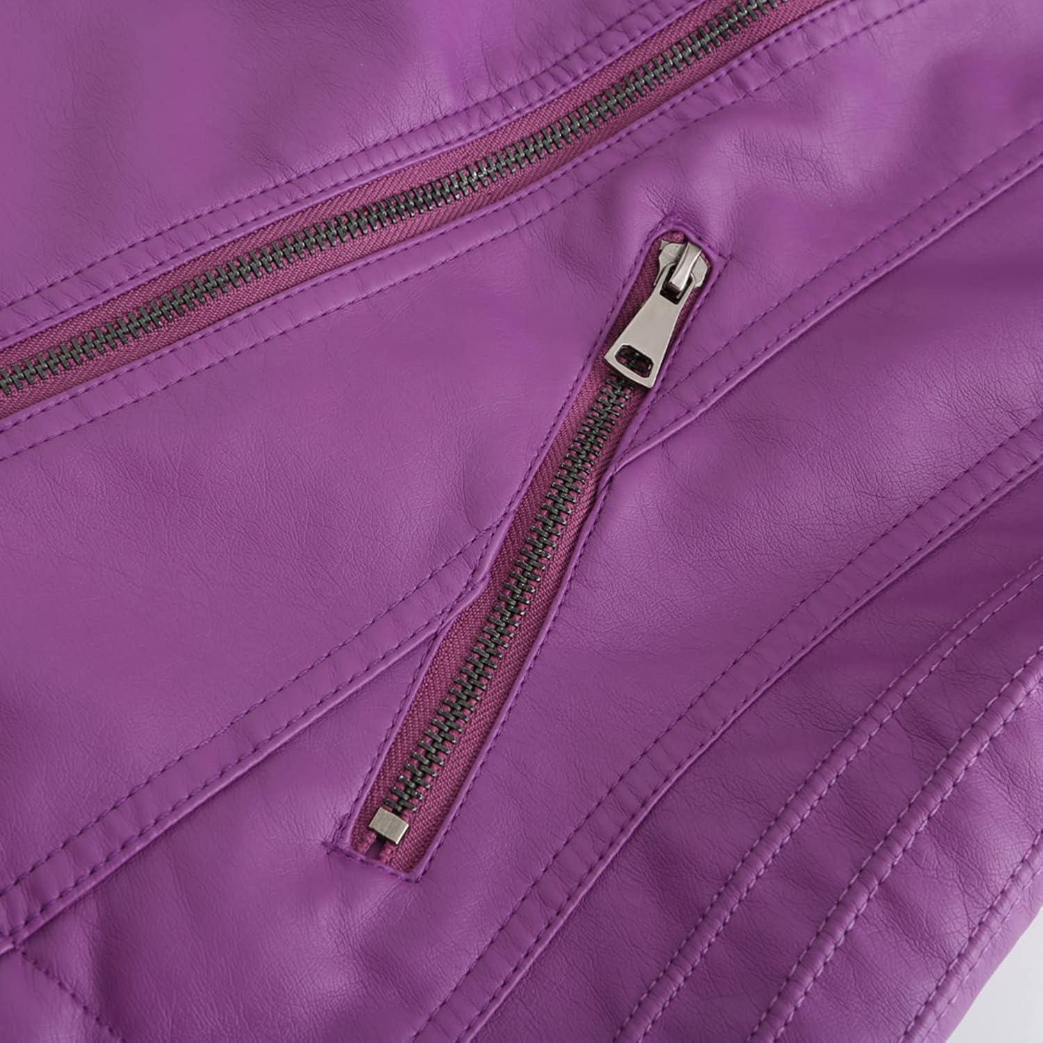 imageLus Chic Womens Motorcycle Jacket Fashion Dressy Vegan Leather Biker Coat Light Slim Fit Crop Blazer Moto JacketPurple