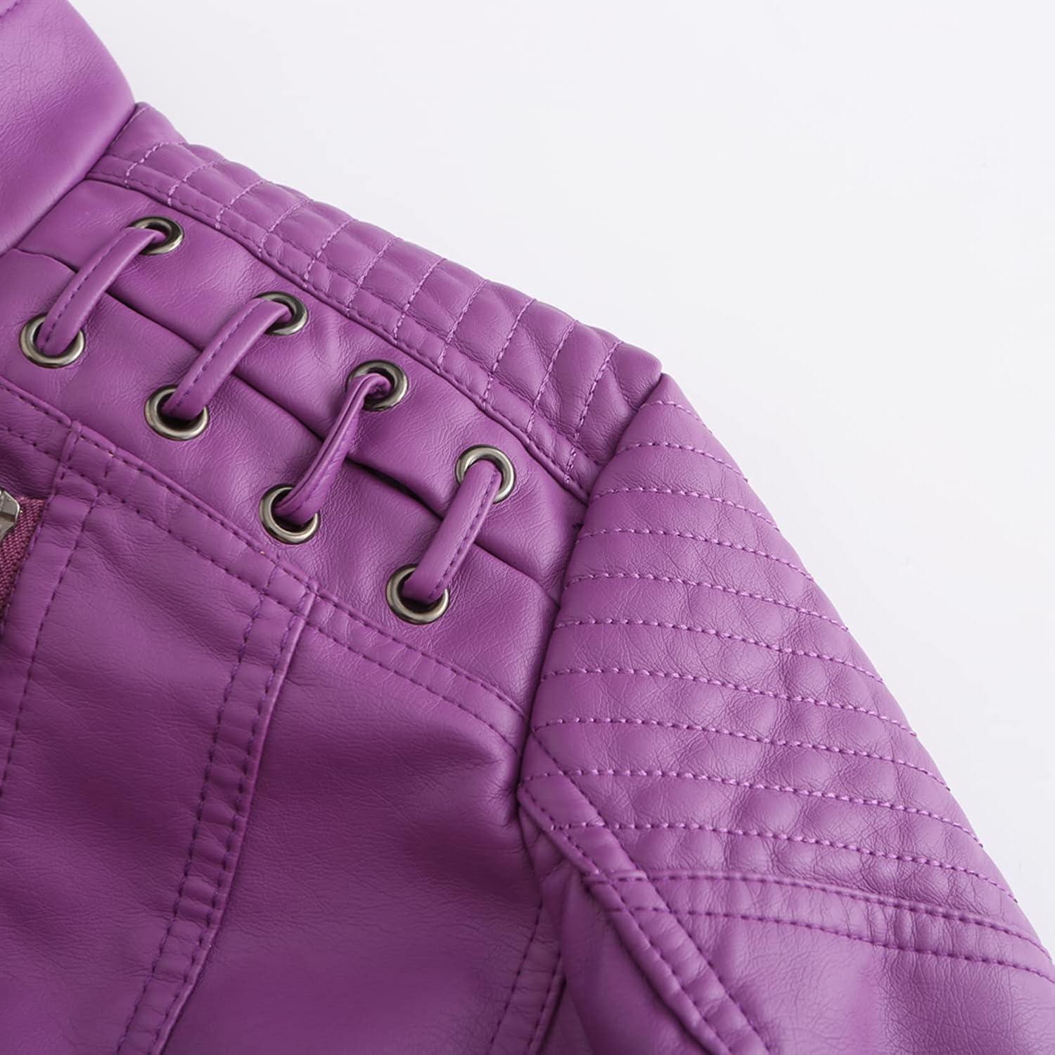 imageLus Chic Womens Motorcycle Jacket Fashion Dressy Vegan Leather Biker Coat Light Slim Fit Crop Blazer Moto JacketPurple