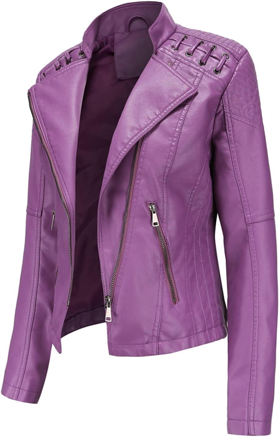 imageLus Chic Womens Motorcycle Jacket Fashion Dressy Vegan Leather Biker Coat Light Slim Fit Crop Blazer Moto JacketPurple