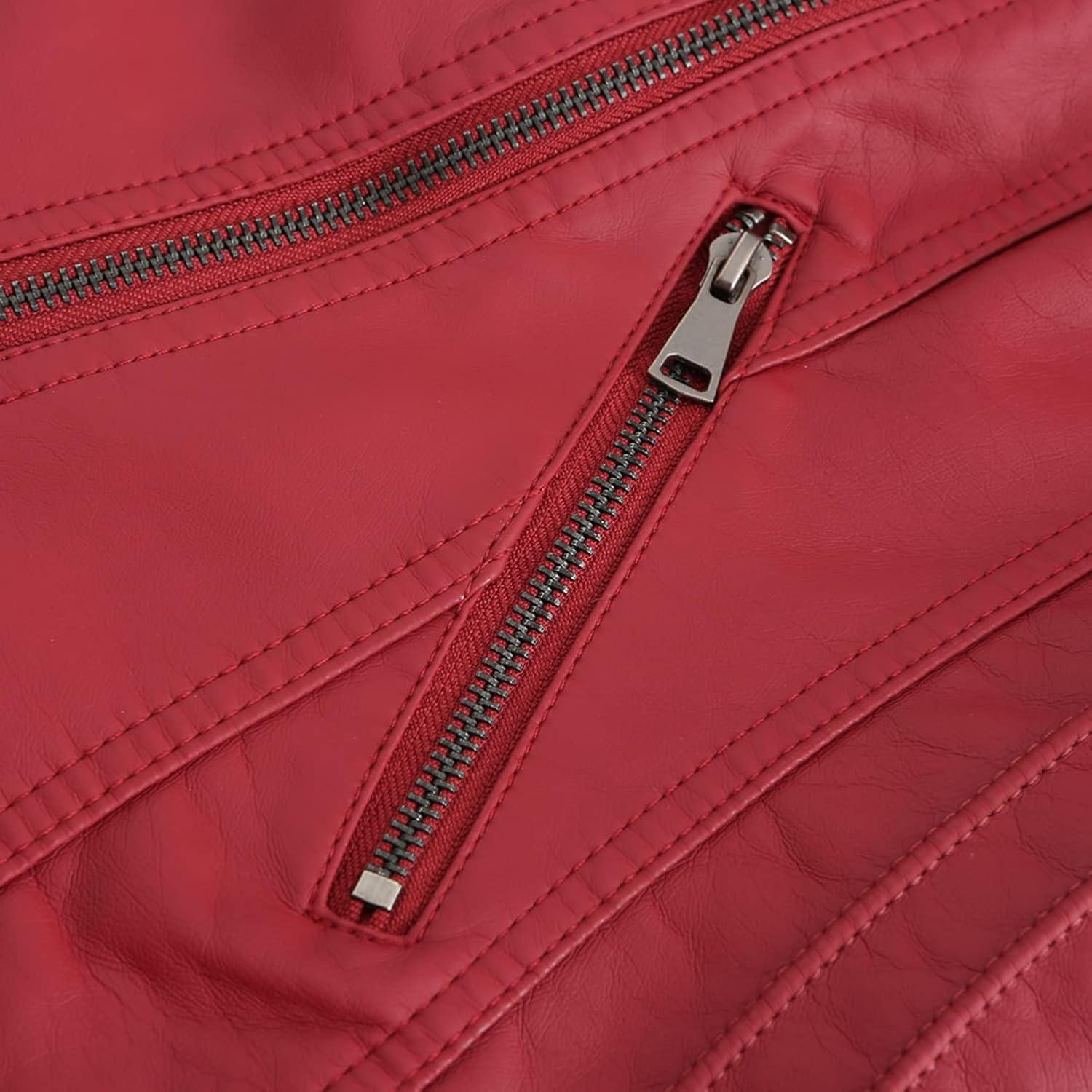 imageLus Chic Womens Motorcycle Jacket Fashion Dressy Vegan Leather Biker Coat Light Slim Fit Crop Blazer Moto JacketRed