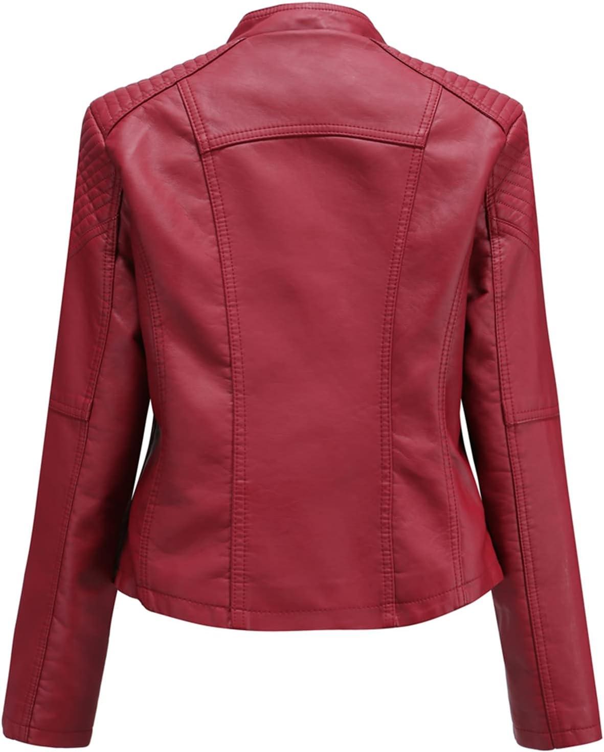 imageLus Chic Womens Motorcycle Jacket Fashion Dressy Vegan Leather Biker Coat Light Slim Fit Crop Blazer Moto JacketRed