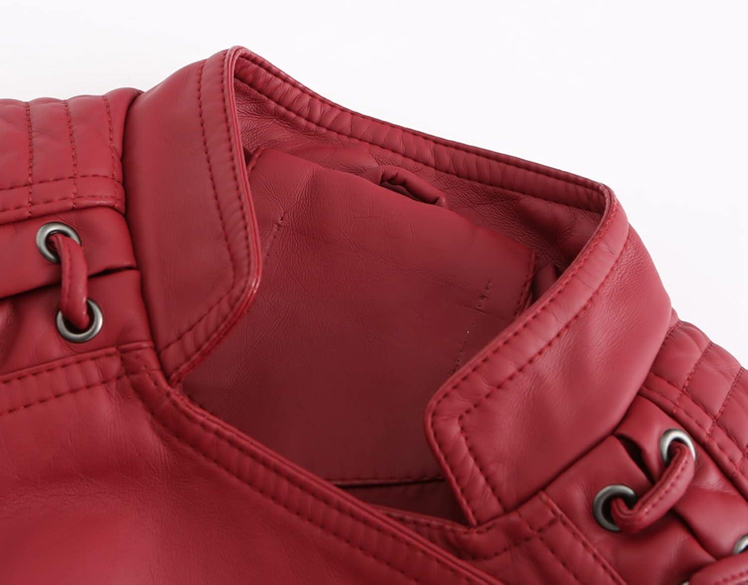 imageLus Chic Womens Motorcycle Jacket Fashion Dressy Vegan Leather Biker Coat Light Slim Fit Crop Blazer Moto JacketRed