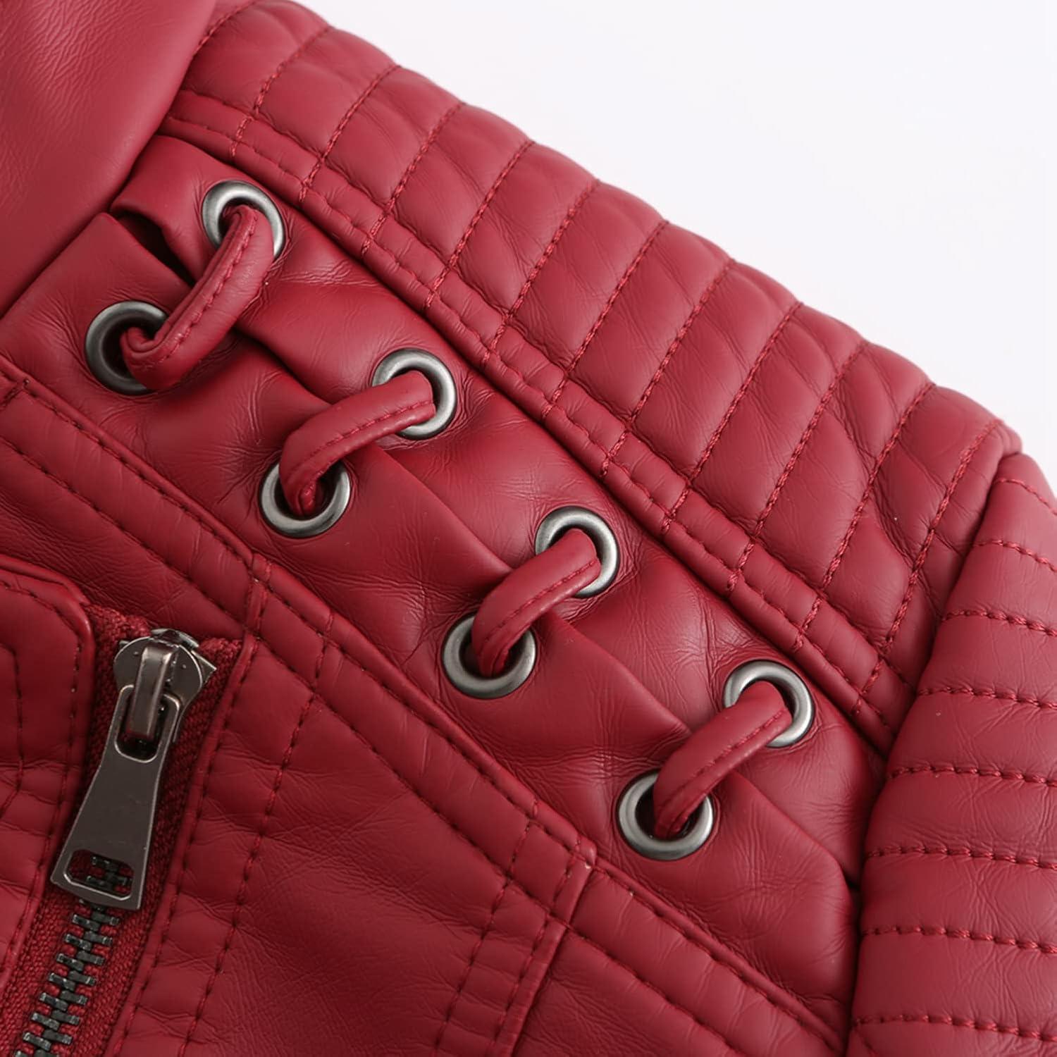 imageLus Chic Womens Motorcycle Jacket Fashion Dressy Vegan Leather Biker Coat Light Slim Fit Crop Blazer Moto JacketRed