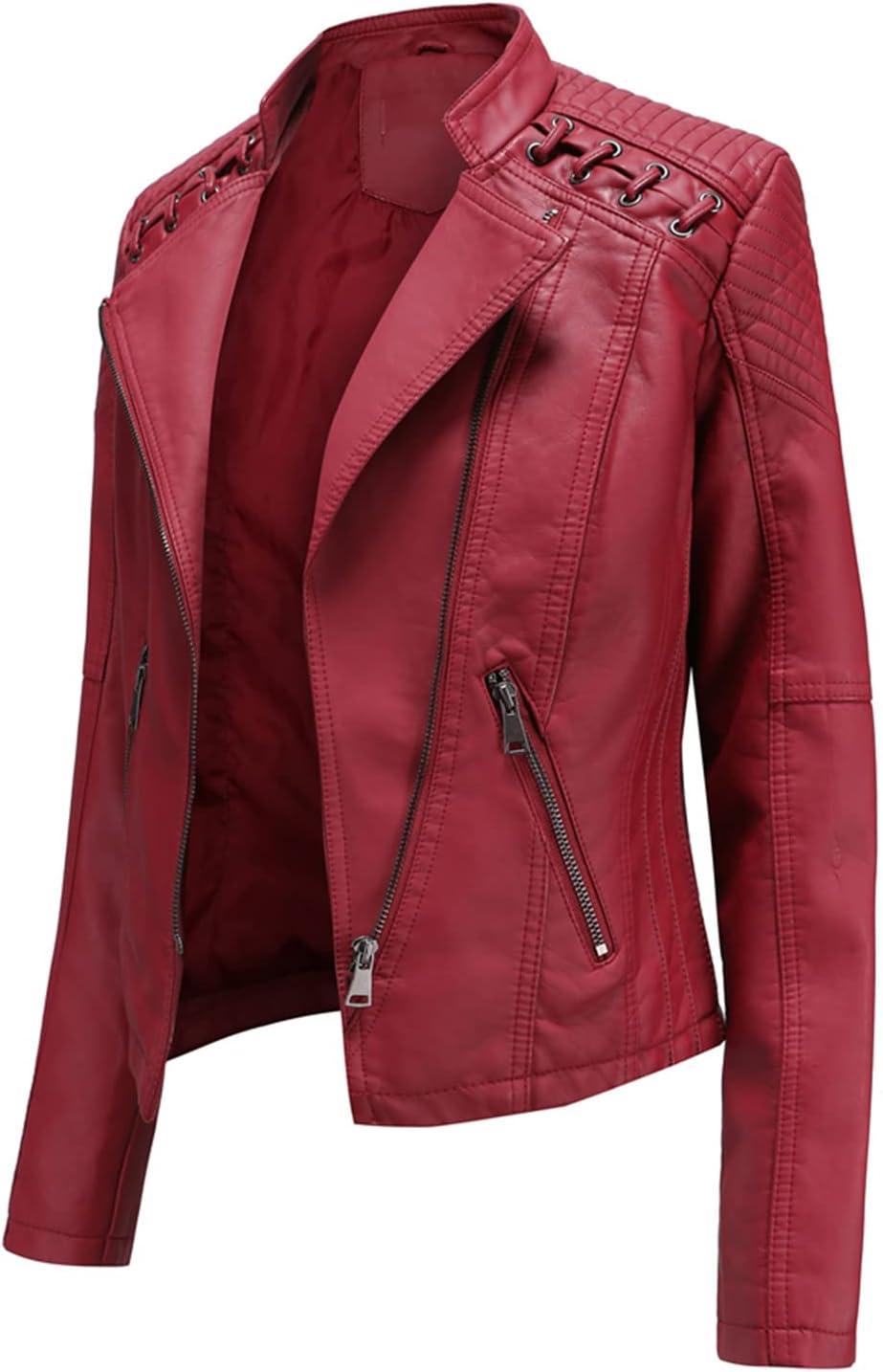 imageLus Chic Womens Motorcycle Jacket Fashion Dressy Vegan Leather Biker Coat Light Slim Fit Crop Blazer Moto JacketRed