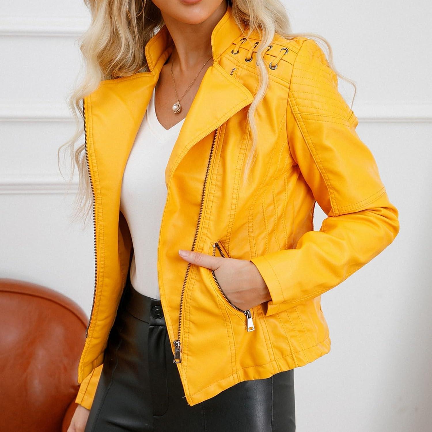 imageLus Chic Womens Motorcycle Jacket Fashion Dressy Vegan Leather Biker Coat Light Slim Fit Crop Blazer Moto JacketYellow