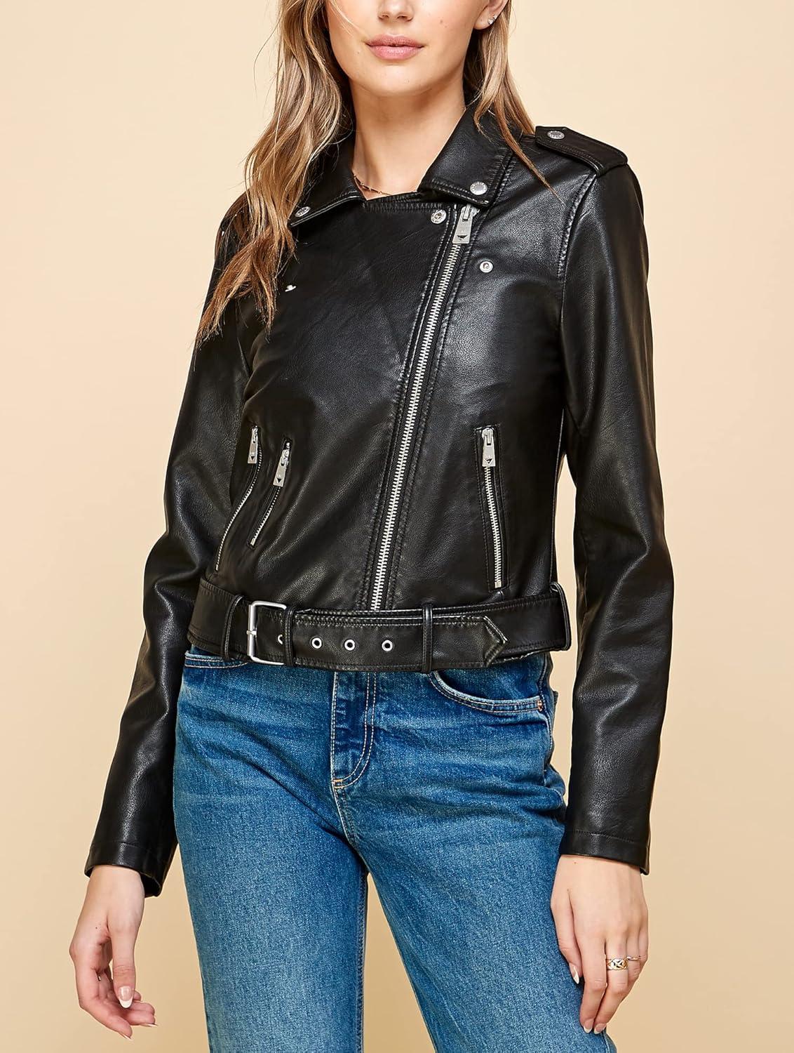 imageMade By Johnny MBJ Womens Faux Leather Zip Up Moto Biker Jacket with Stitching DetailWjc1849black