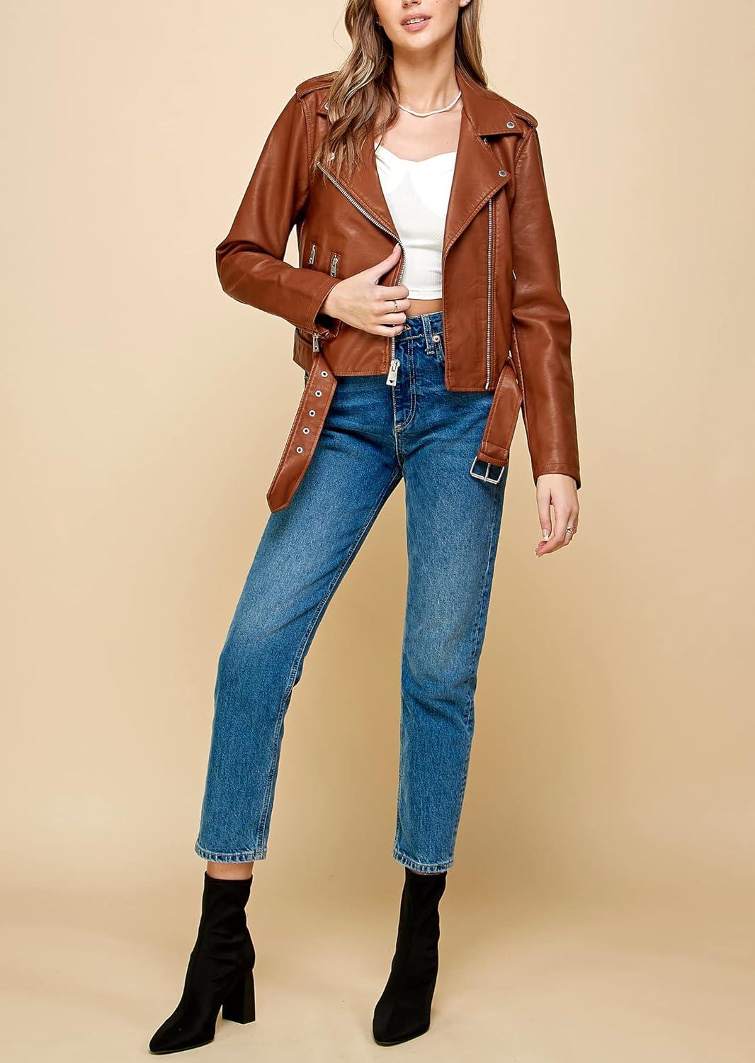 imageMade By Johnny MBJ Womens Faux Leather Zip Up Moto Biker Jacket with Stitching DetailWjc1849camel