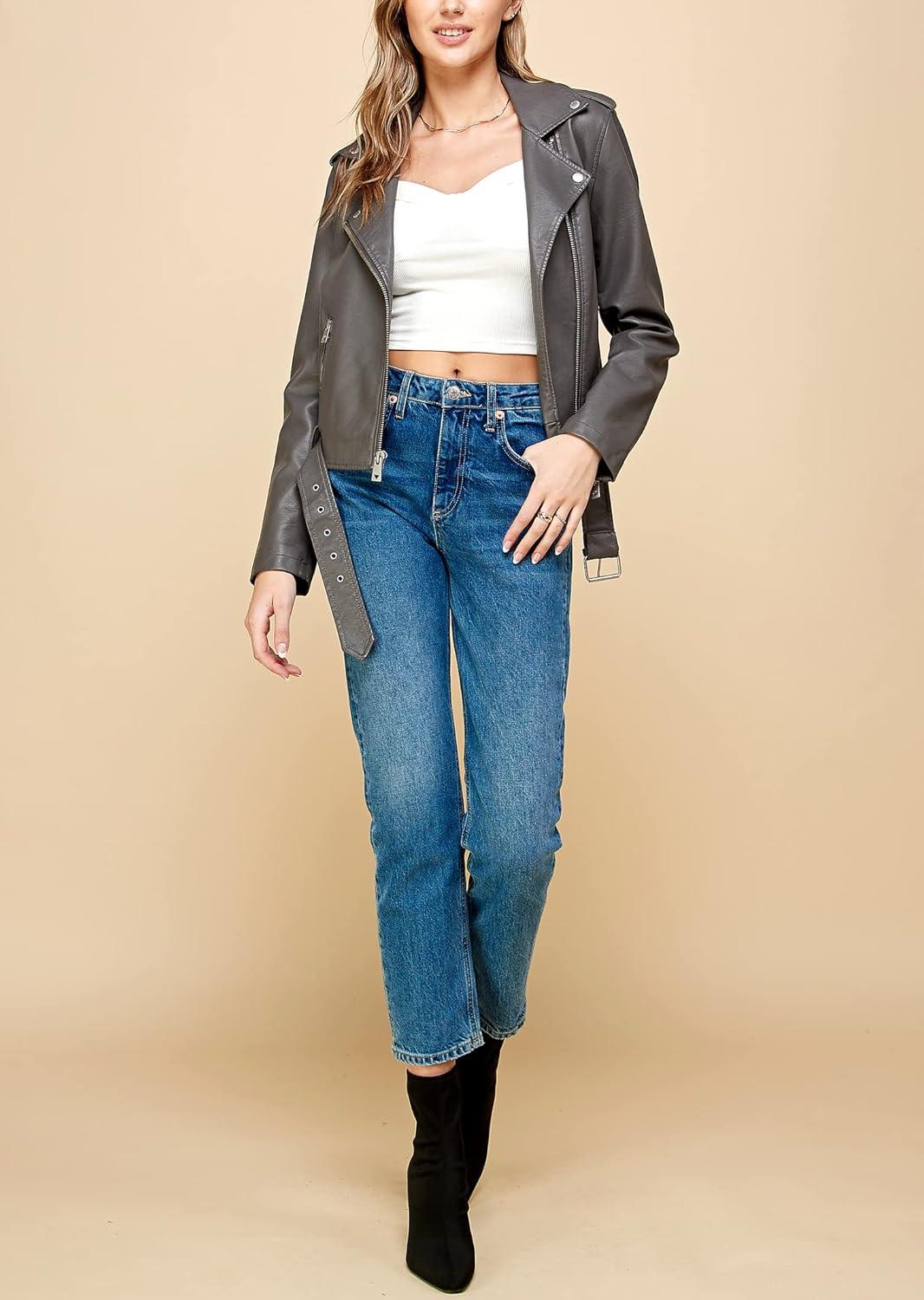 imageMade By Johnny MBJ Womens Faux Leather Zip Up Moto Biker Jacket with Stitching DetailWjc1849grey